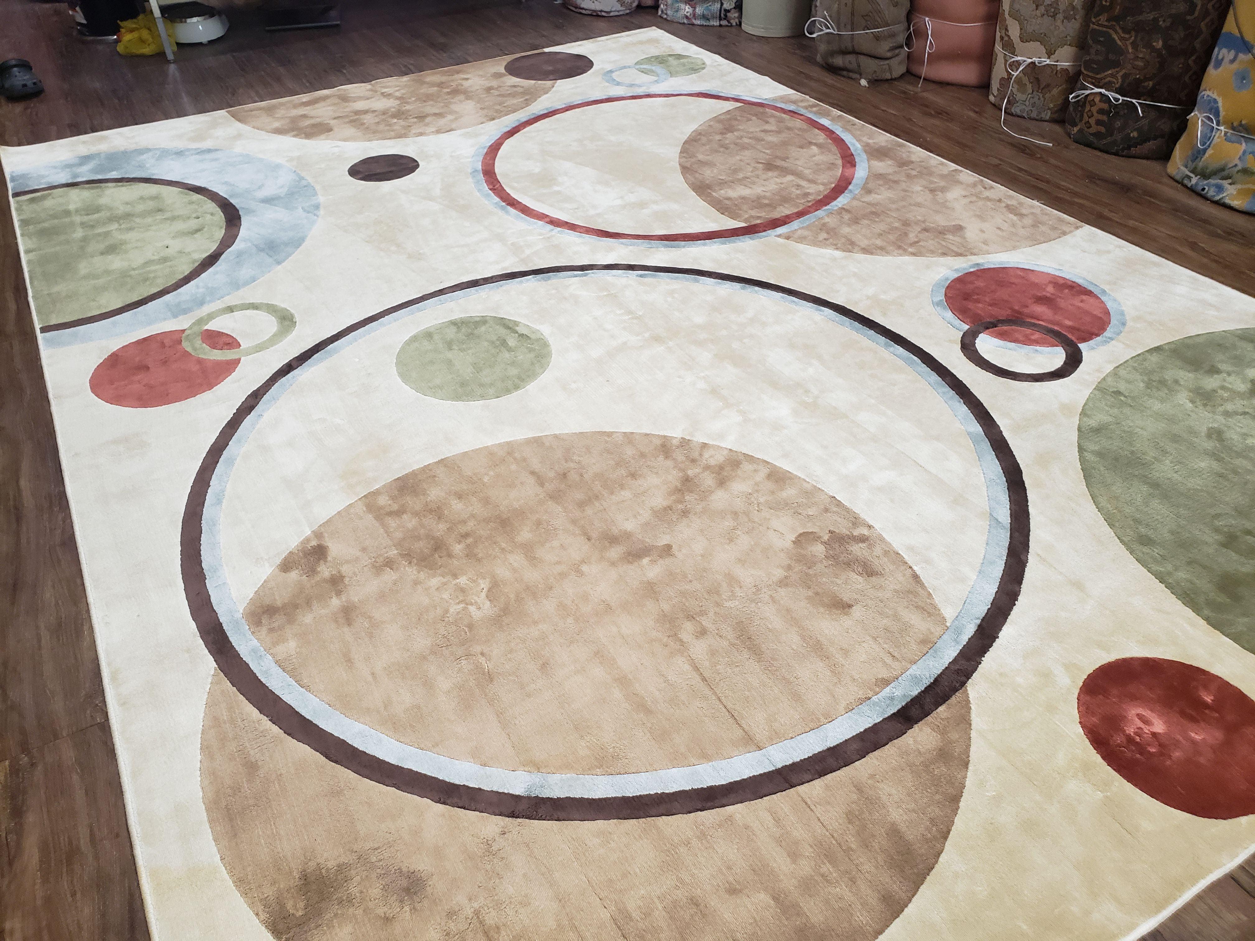 8x11 Modern Rug, 8 x 11 Abstract Area Rug, Circles, Cream, Tan, Art Silk, Soft Carpet - Jewel Rugs