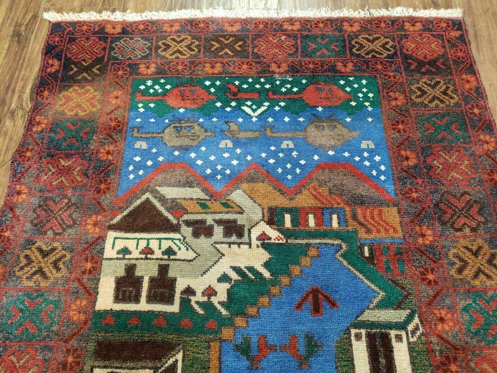 3' 2" X 6" Handmade Afghan Balouch Tribal Wool War Rug Tank Helicopter Tree Wow - Jewel Rugs