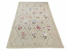 Beige Needlepoint Rug 6x9, Flatweave Aubusson Carpet, Flowers, Pretty, Hand-Knotted, French European Design, Wool, Handmade, New - Jewel Rugs