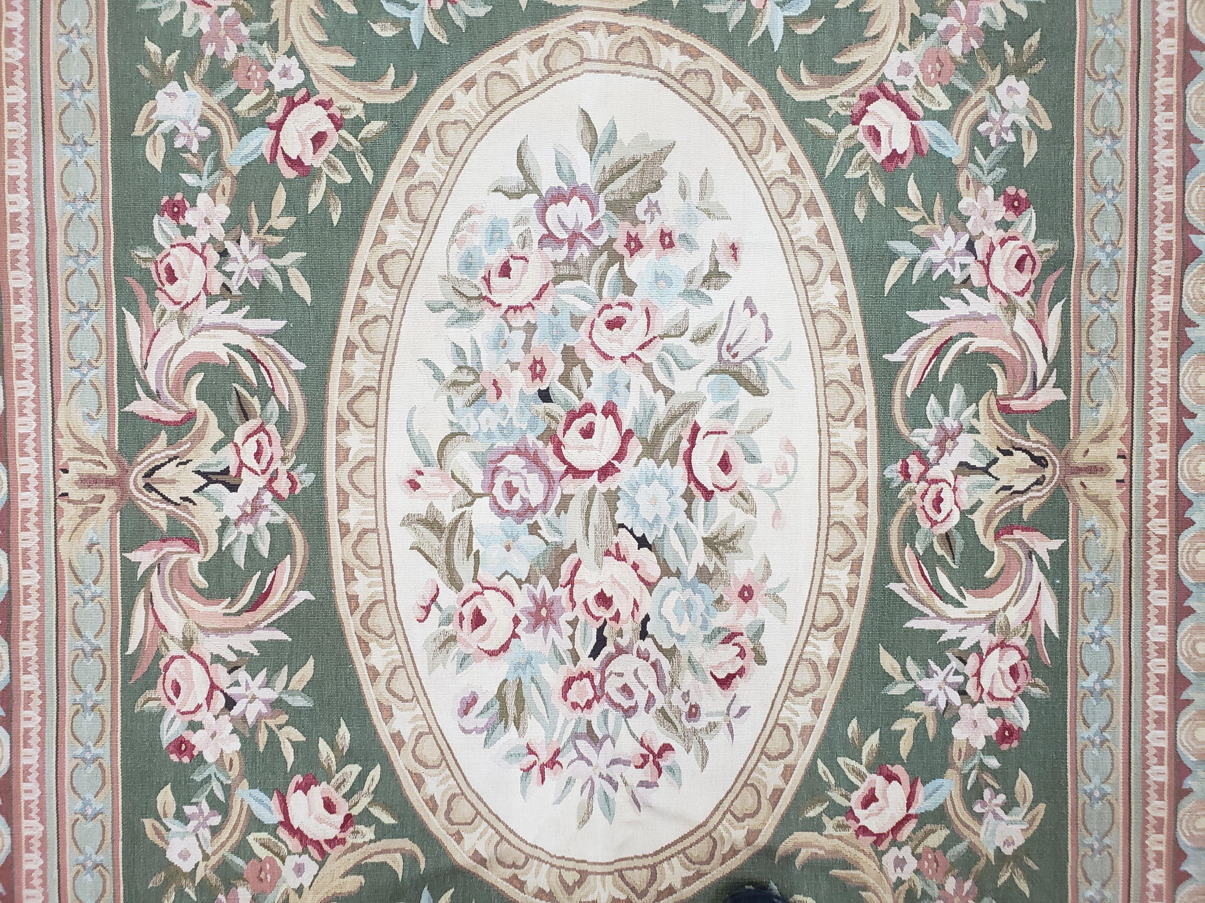 6x9 Aubusson Rug, New Aubusson Rug, Green Aubusson, Green Light Blue Ivory, Flatweave Rug, 6 x 9 Area Rug, Handmade Rug, Elegant Rug, Wool - Jewel Rugs