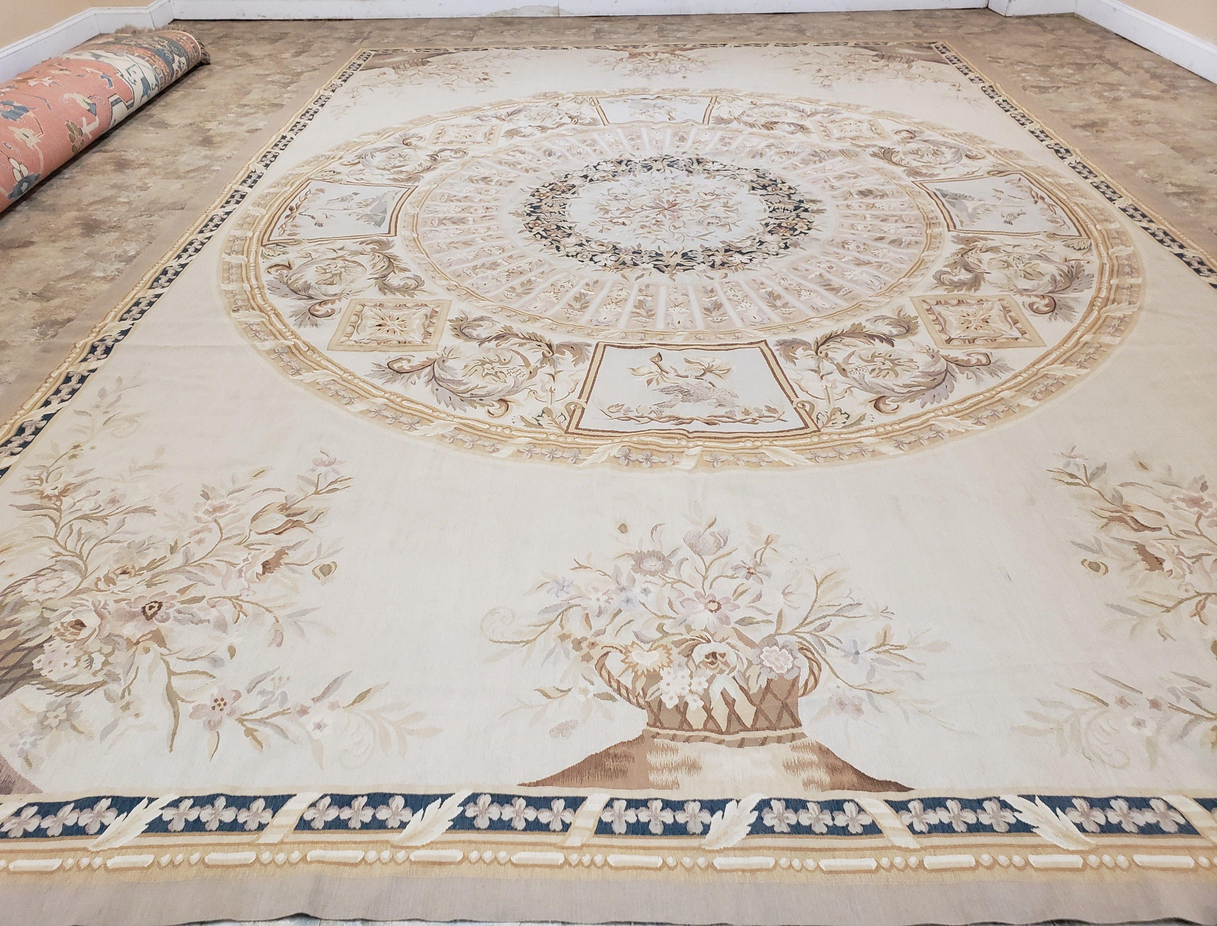 New Aubusson Rug 11x16 Oversized Carpet, Palace Sized Rug 11 x 16, Elegant Savonnerie European Handmade Floral Vases Flatweave Wool Area Rug - Jewel Rugs