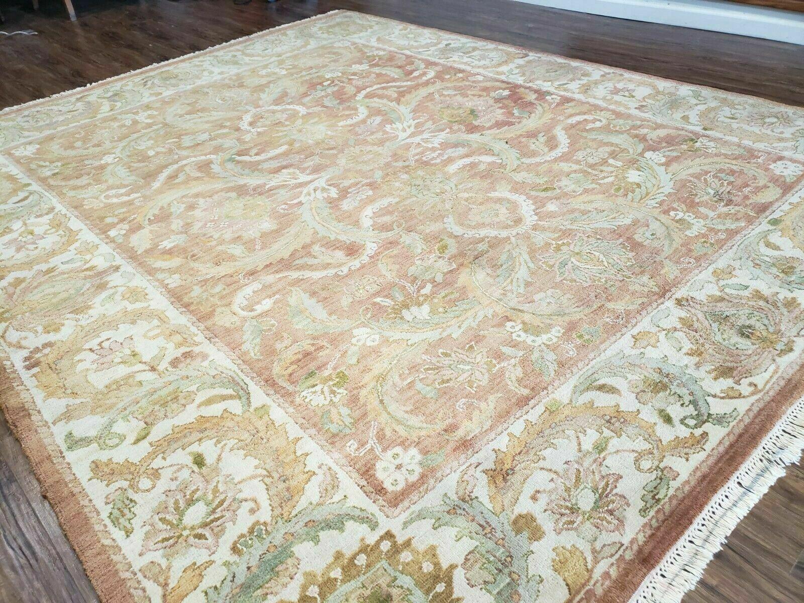 8' X 10' Handmade India Floral Wool Rug Carpet Tea Washed Nice Muted Red Beige - Jewel Rugs