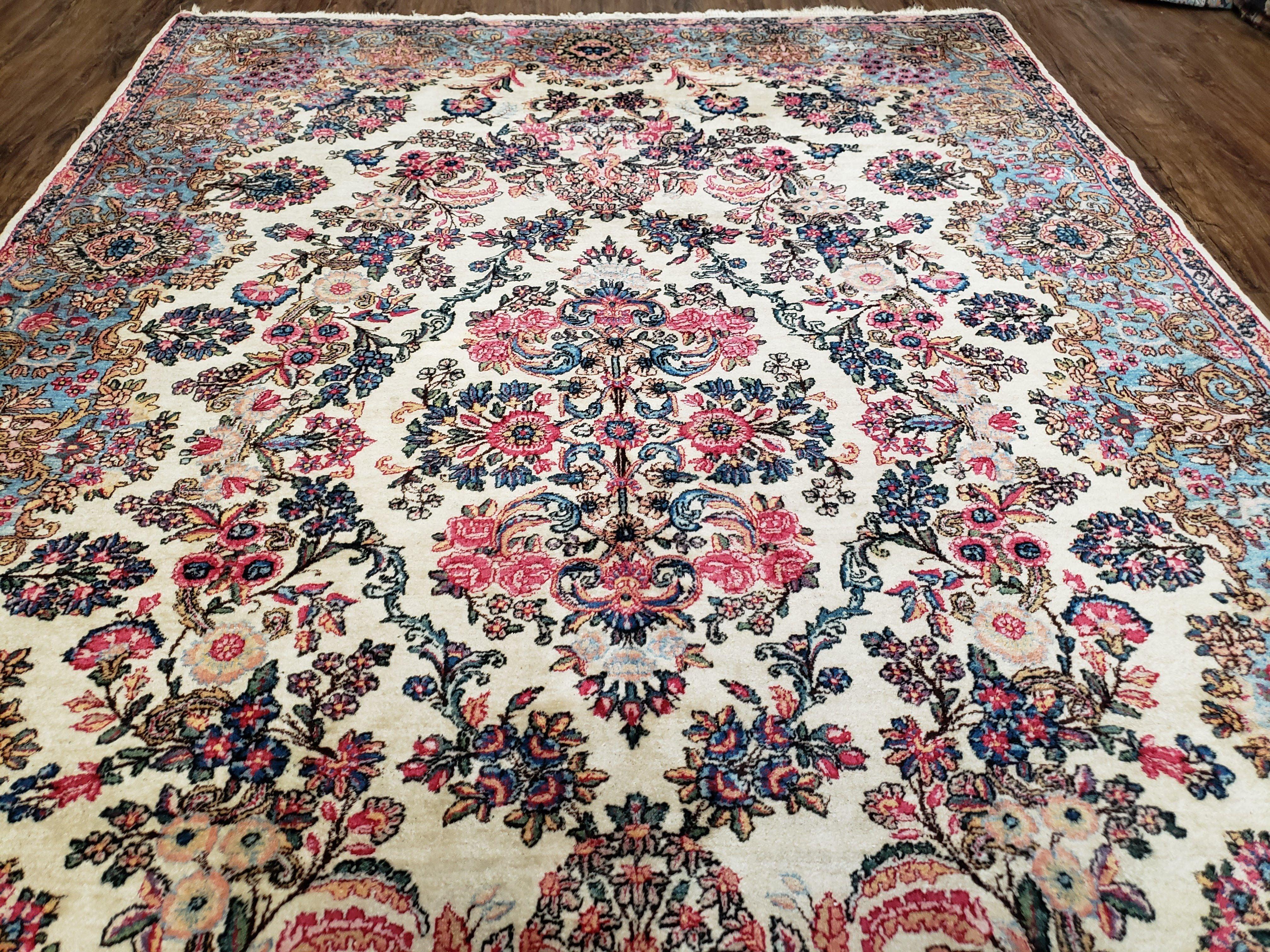 Antique Persian Kirman Rug, Ivory - Light Blue - Rose, Hand-Knotted, Wool, 5' 11" x 8' 11" - Jewel Rugs