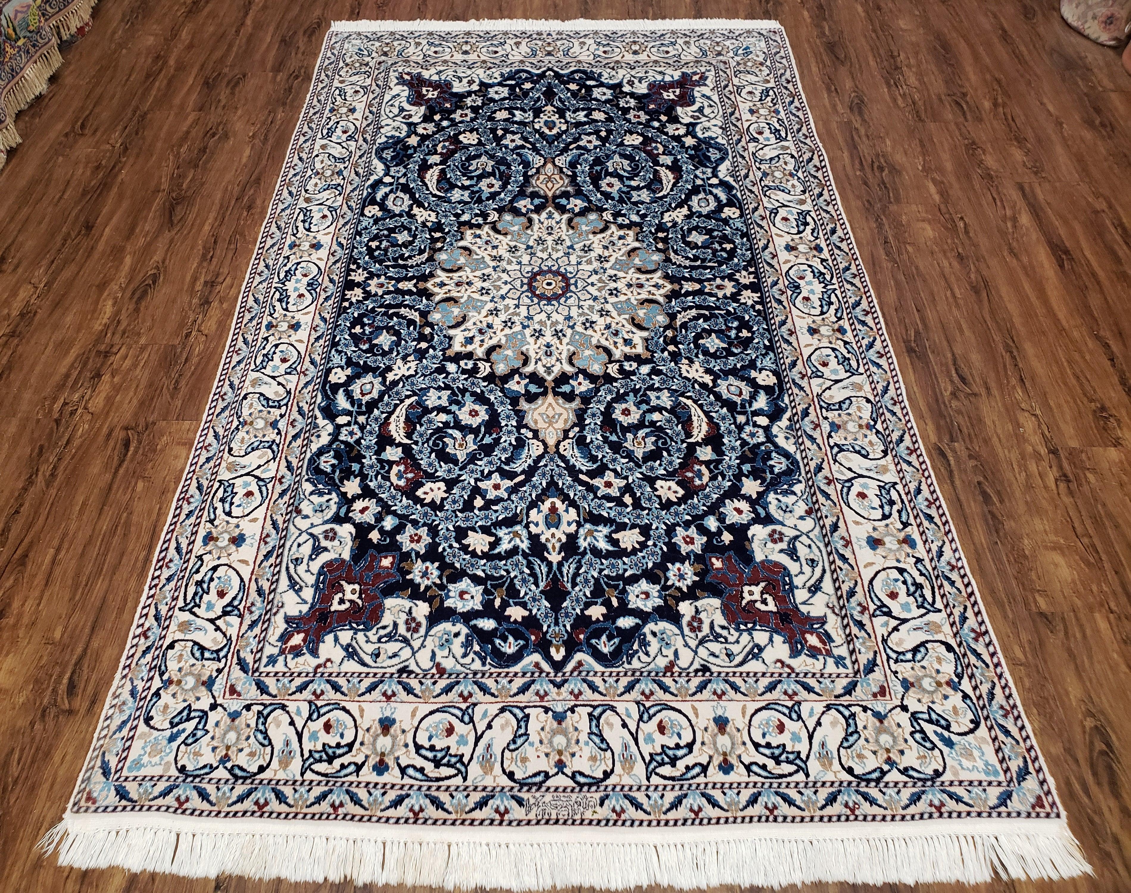 Persian Nain Rug, Lachak Toranj Design, Wool with Silk Highlights, Floral Medallion, Hand-Knotted, Blue & Ivory, 5' x 8' 4" - Jewel Rugs