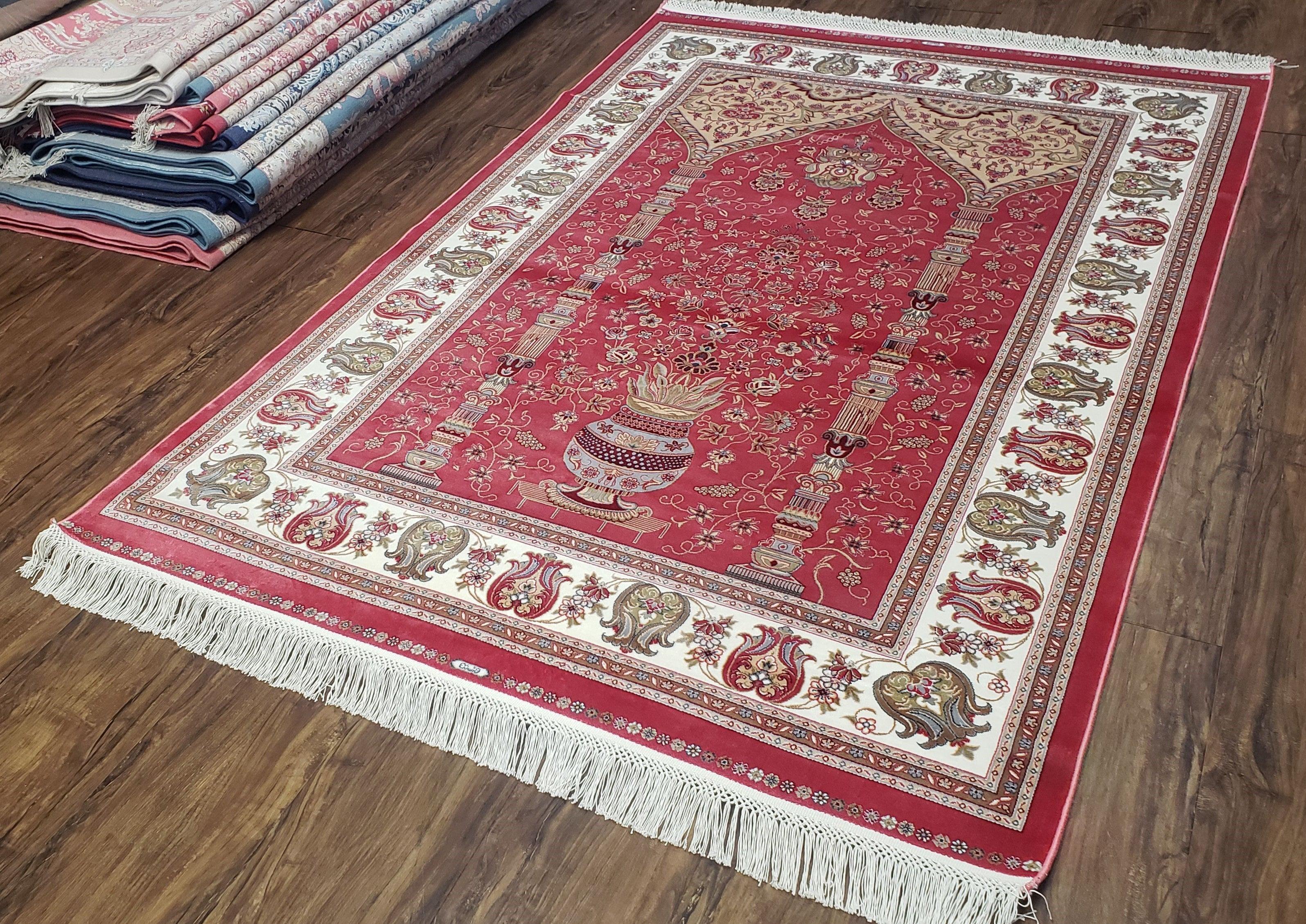 4 x 6 Silk Carpet Red, Traditional Oriental Rug 4x6, Flower Vase Columns, Turkish Rug New, High Quality, Bamboo Silk, Area Rug - Jewel Rugs