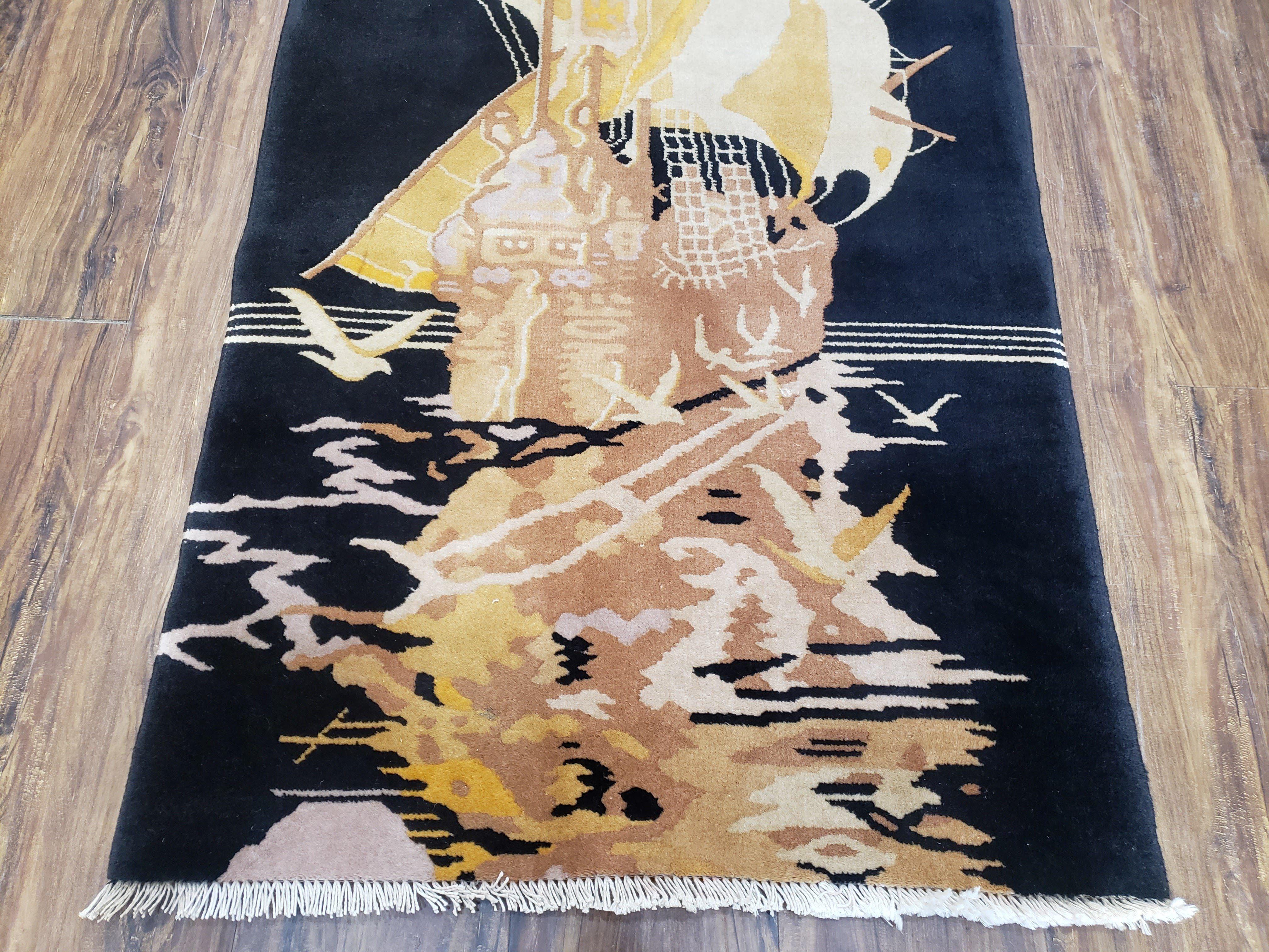 Small Chinese Rug 2'6" x 4' 4", Black Chinese Rug, Boat Ship at Sea with Seagulls, Chinese Art Deco Rug, Vintage 1960s Hand-Knotted Handmade - Jewel Rugs