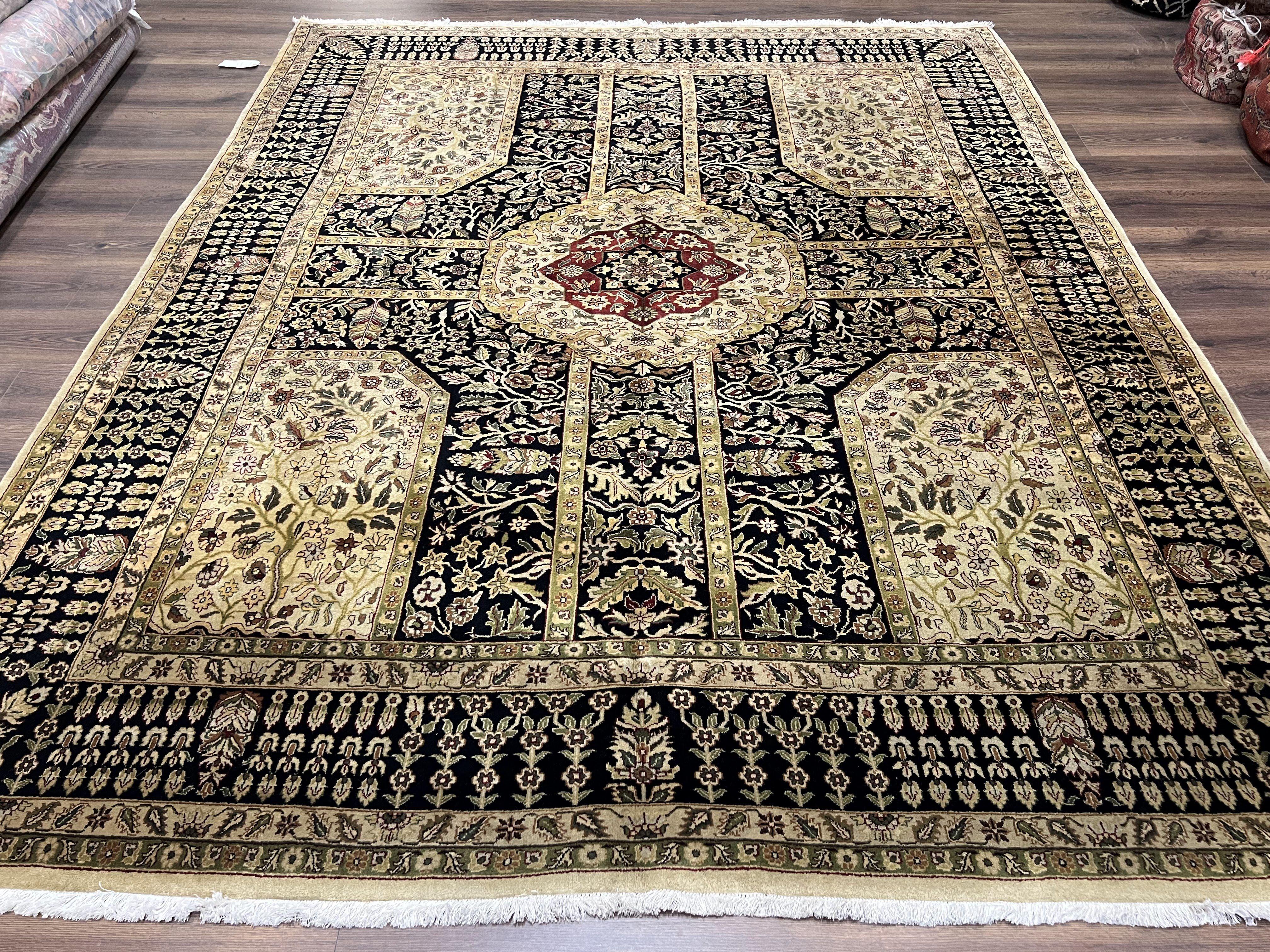 Indo Persian Rug 8x10, Floral Four Seasons Design, Fine Vintage Indian Oriental Carpet 8 x 10, Wool Hand Knotted Rug, Beige/Tan Black Maroon - Jewel Rugs