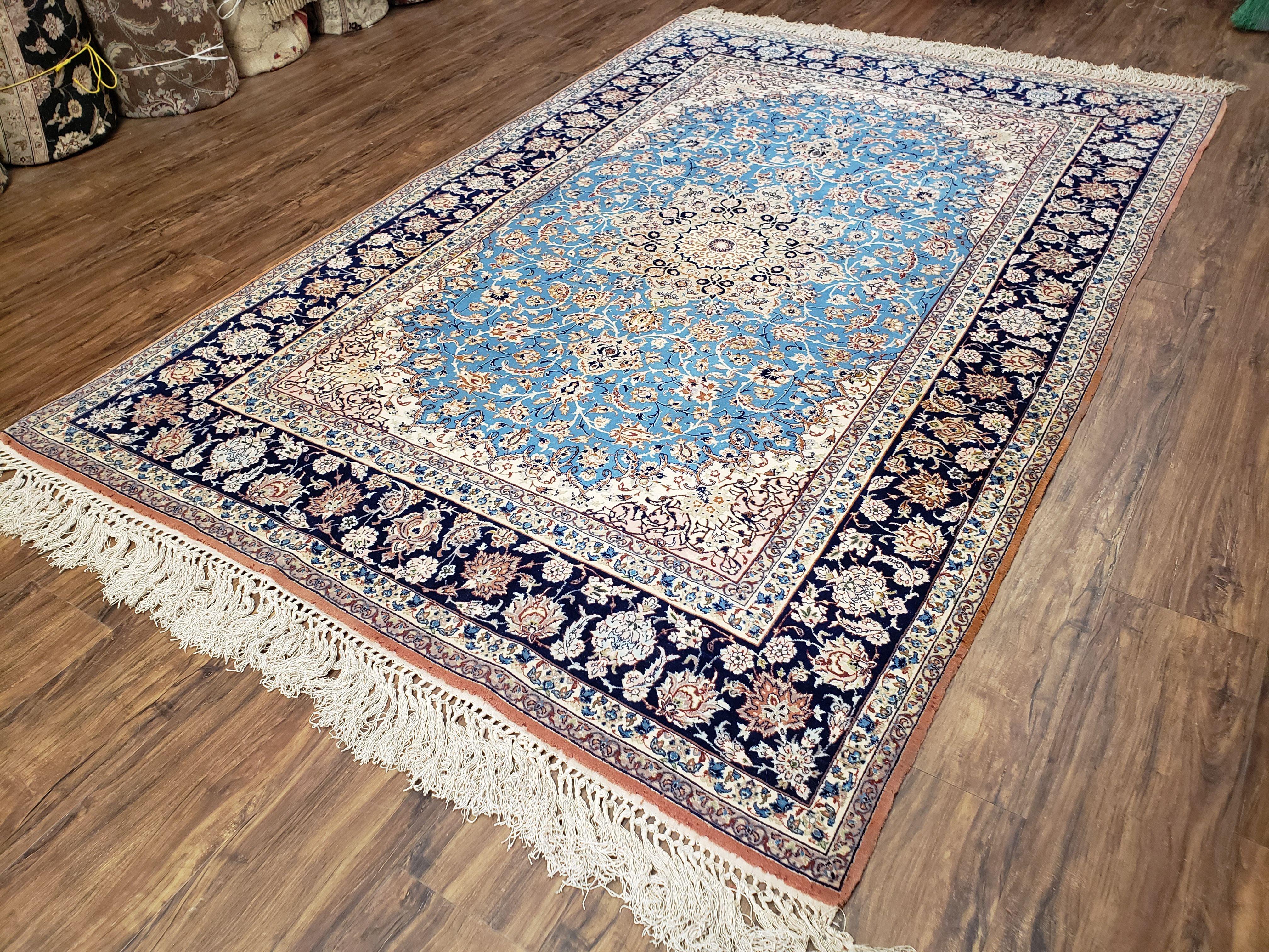 Semi Antique Persian Isfahan Rug, Kork Wool on Silk Foundation, Sky Blue, Hand-Knotted, 5' 1" x 7' 8" - Jewel Rugs