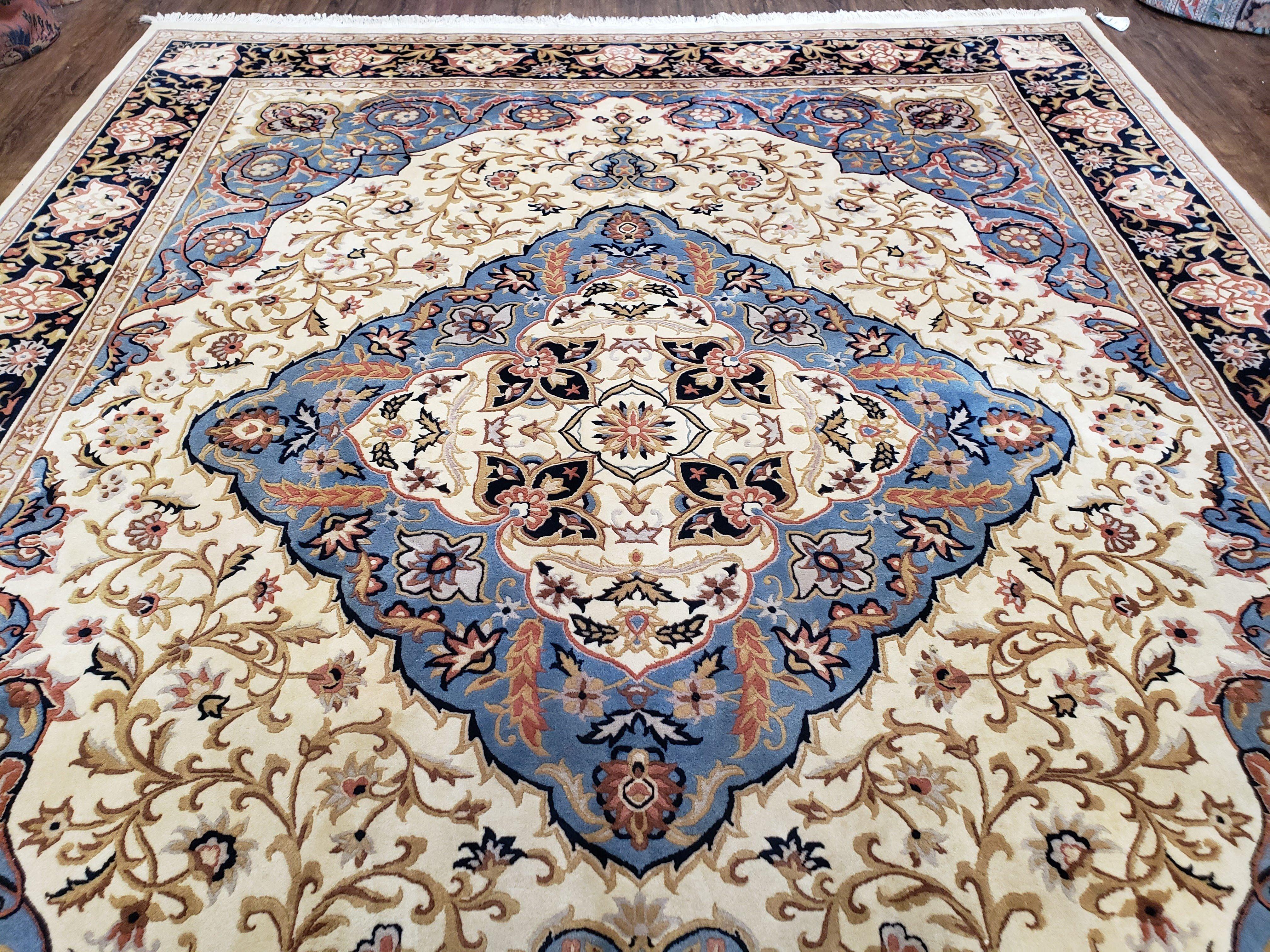 Chinese Oriental Rug 8x10, Room Sized Handmade Wool Area Rug, Cream and Blue Carpet for Living Room, Dining Room, Bedroom, Traditional Rug - Jewel Rugs