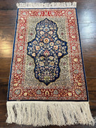 Authentic Silk Turkish Hereke Rug 2x3 ft with Signature, Wonderful Silk on Silk Small Hereke Carpet 2 x 3, Floral Navy Blue Dark Red Cream - Jewel Rugs