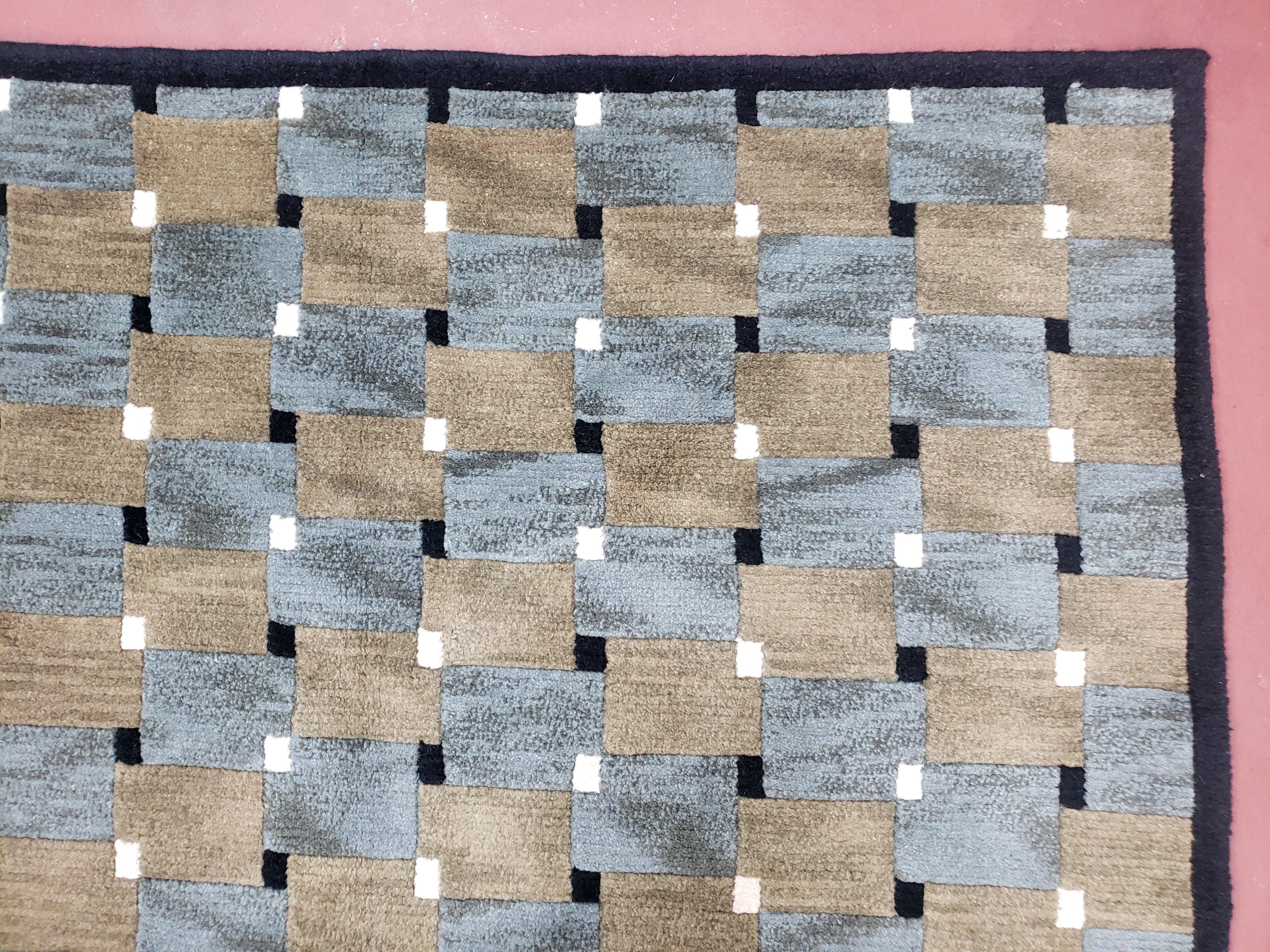 Vintage Modern Tibetan Area Rug 5 x 7.8, Soft Wool Hand-Knotted Checkerboard Pattern Blue & Taupe Nepali Carpet, 5x7 - 5x8 Playroom Rug - Jewel Rugs