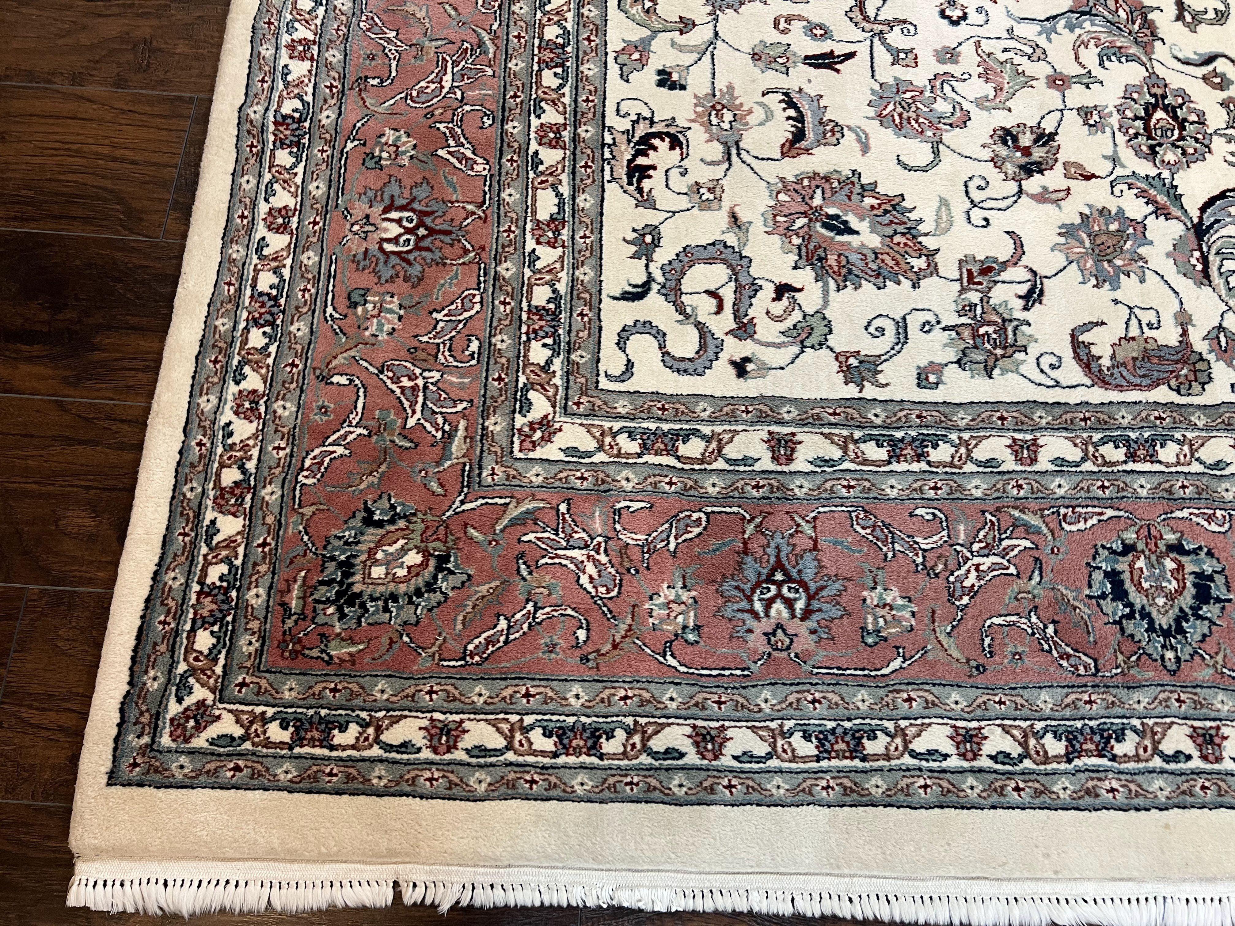 Indo Persian Rug 9x12, Persian Design Carpet, Room Sized Traditional Oriental Rug 9 x 12, Allover Floral Pattern, Cream and Red, Handmade - Jewel Rugs