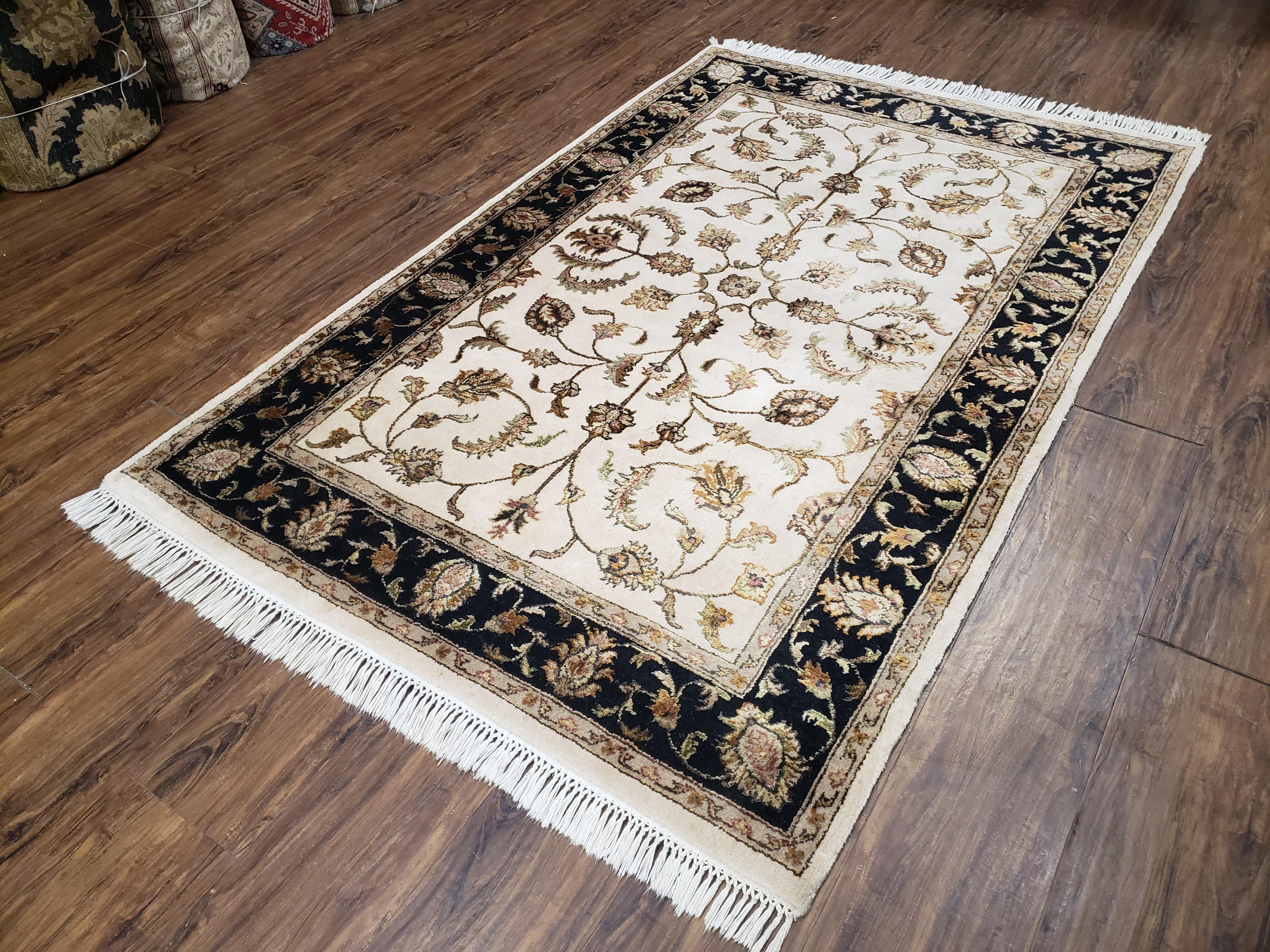 Pak Persian Rug 4x6 ft, Wool Rug with Silk Highlights, Pakistani Carpet 4 x 6, Ivory Black and Gold Rug, Allover Floral Pattern, Quality Rug - Jewel Rugs