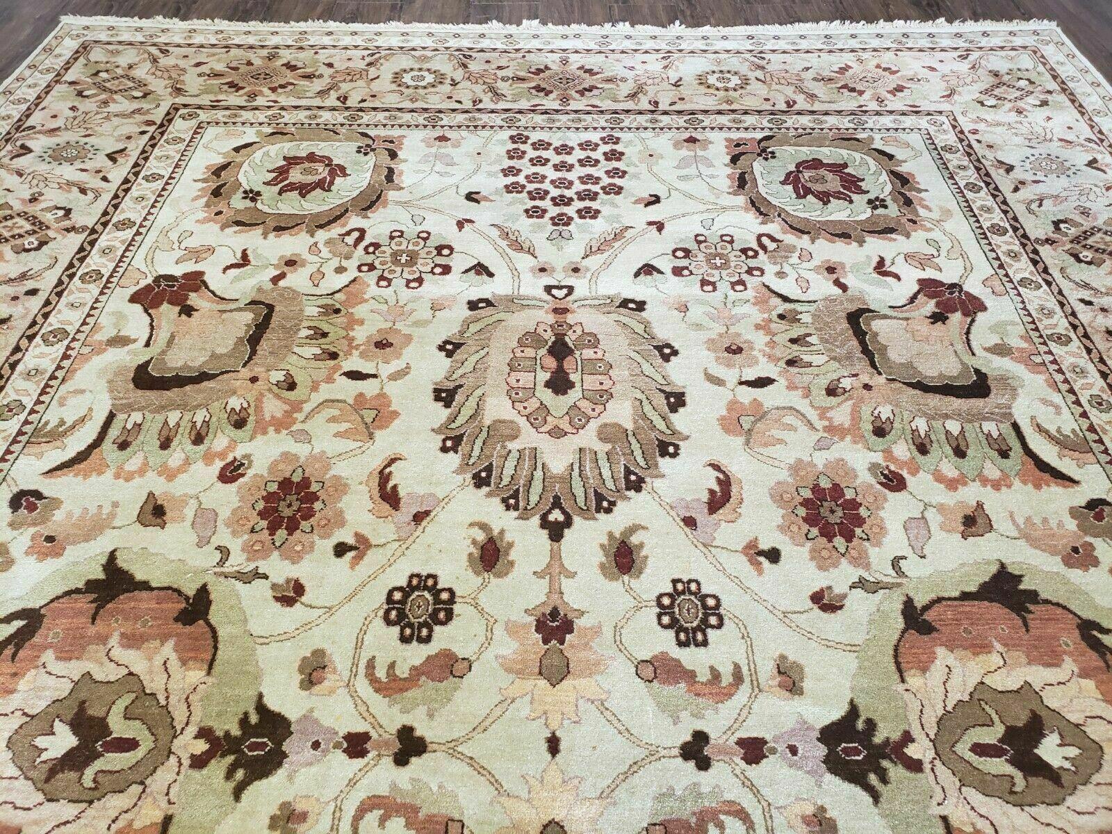 9' X 12' Handmade Indian Floral Wool Rug Hand Knotted Carpet Tea Washed Beige - Jewel Rugs