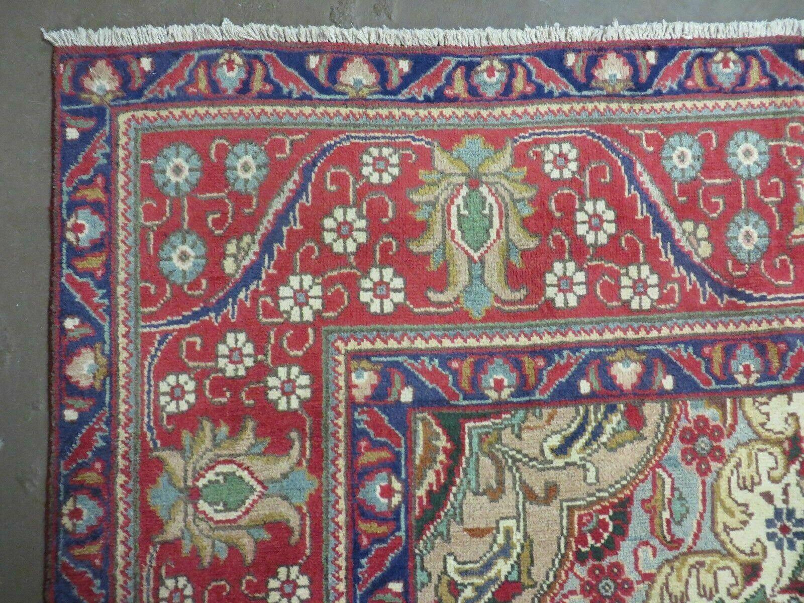 Persian Tabriz Rug 9x13 - Red Blue and Cream Rug - Floral Medallion Rug - Semi Open Field - Hand Knotted Rug - Antique Rug 9 x 13 Vintage Wool Rug - Jewel Rugs