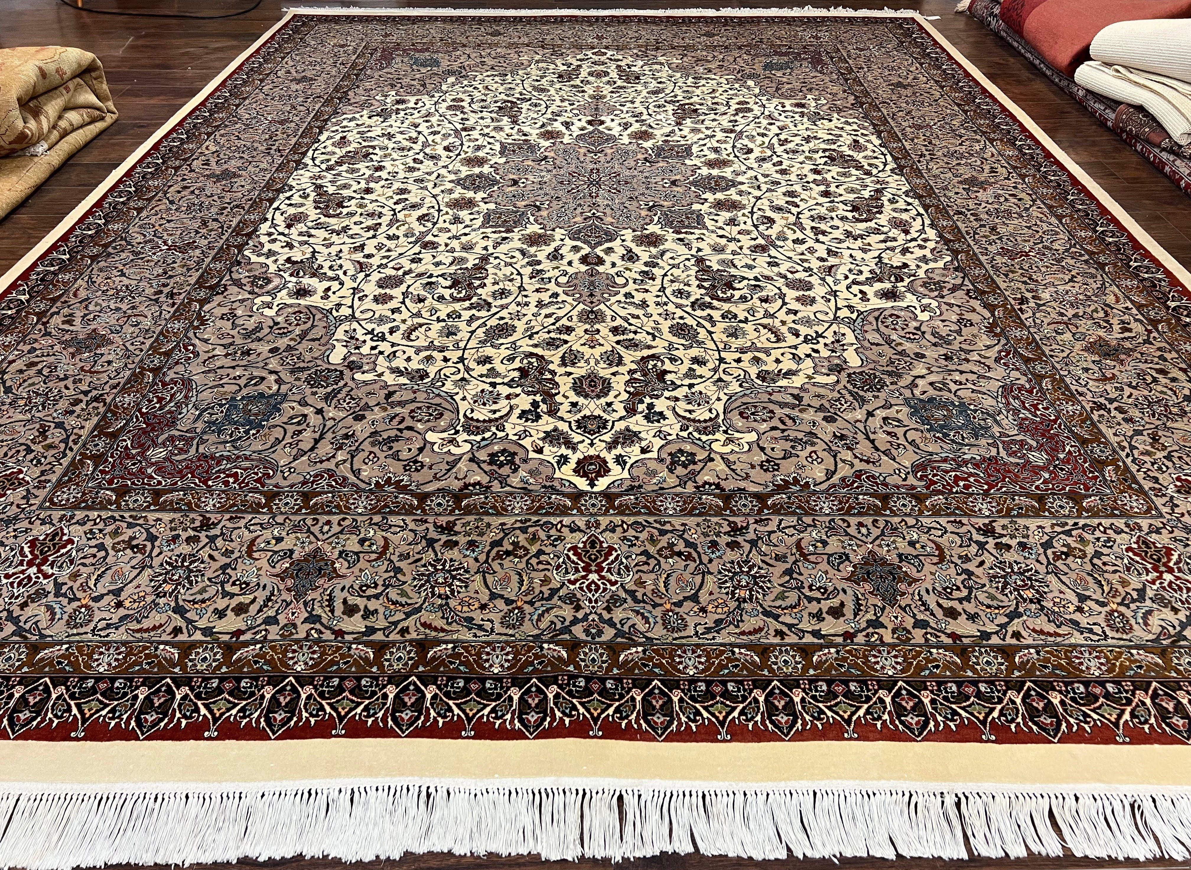 Beautiful Pak Persian Rug 10x13, Floral Medallion, Highly Detailed, Ivory/Cream Gray, Hand Knotted Pakistani Fine Oriental Carpet 10 x 13 ft - Jewel Rugs