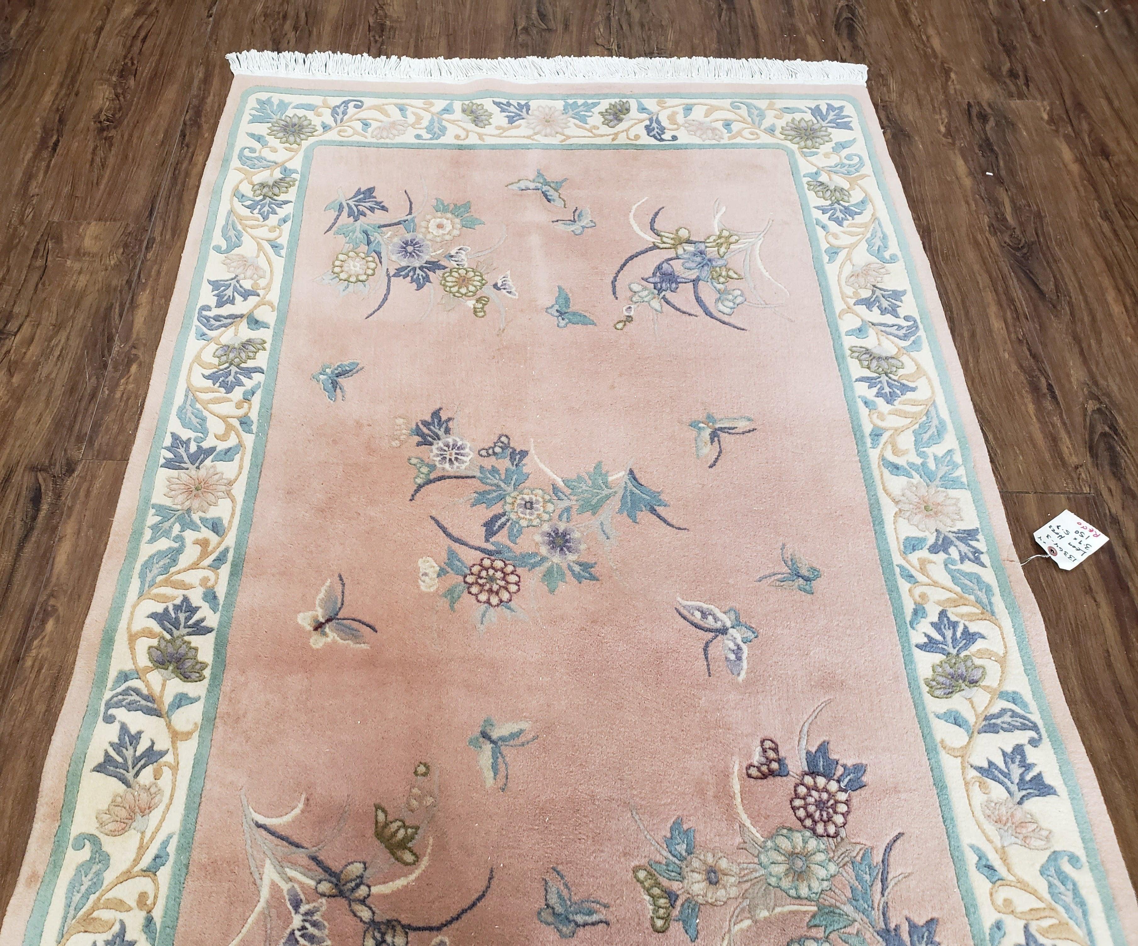 Chinese Carving Rug 3'9" x 5' 9", Vintage Handmade Art Deco Rug 90 Line Carpet, 4x6, Pink Cream Teal, Flowers Butterflies, Pretty, Soft Pile - Jewel Rugs