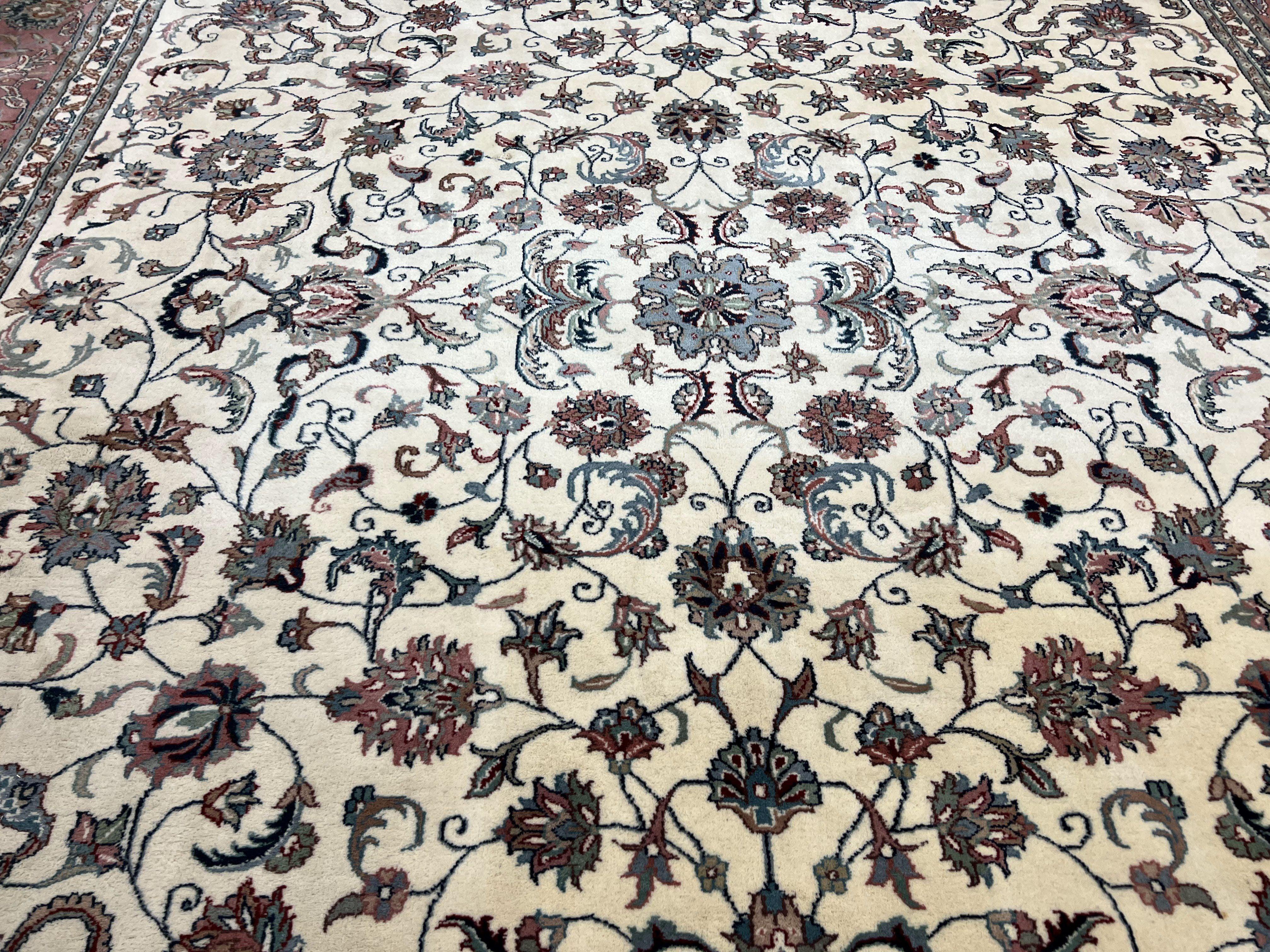 Indo Persian Rug 9x12, Persian Design Carpet, Room Sized Traditional Oriental Rug 9 x 12, Allover Floral Pattern, Cream and Red, Handmade - Jewel Rugs