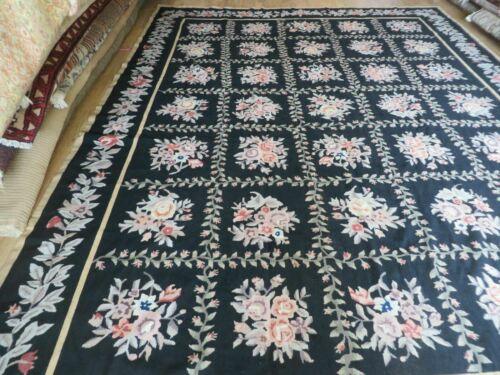 8' X 10' Handmade French Garden Aubusson Savonnerie Design Black Needlepoint Rug - Jewel Rugs