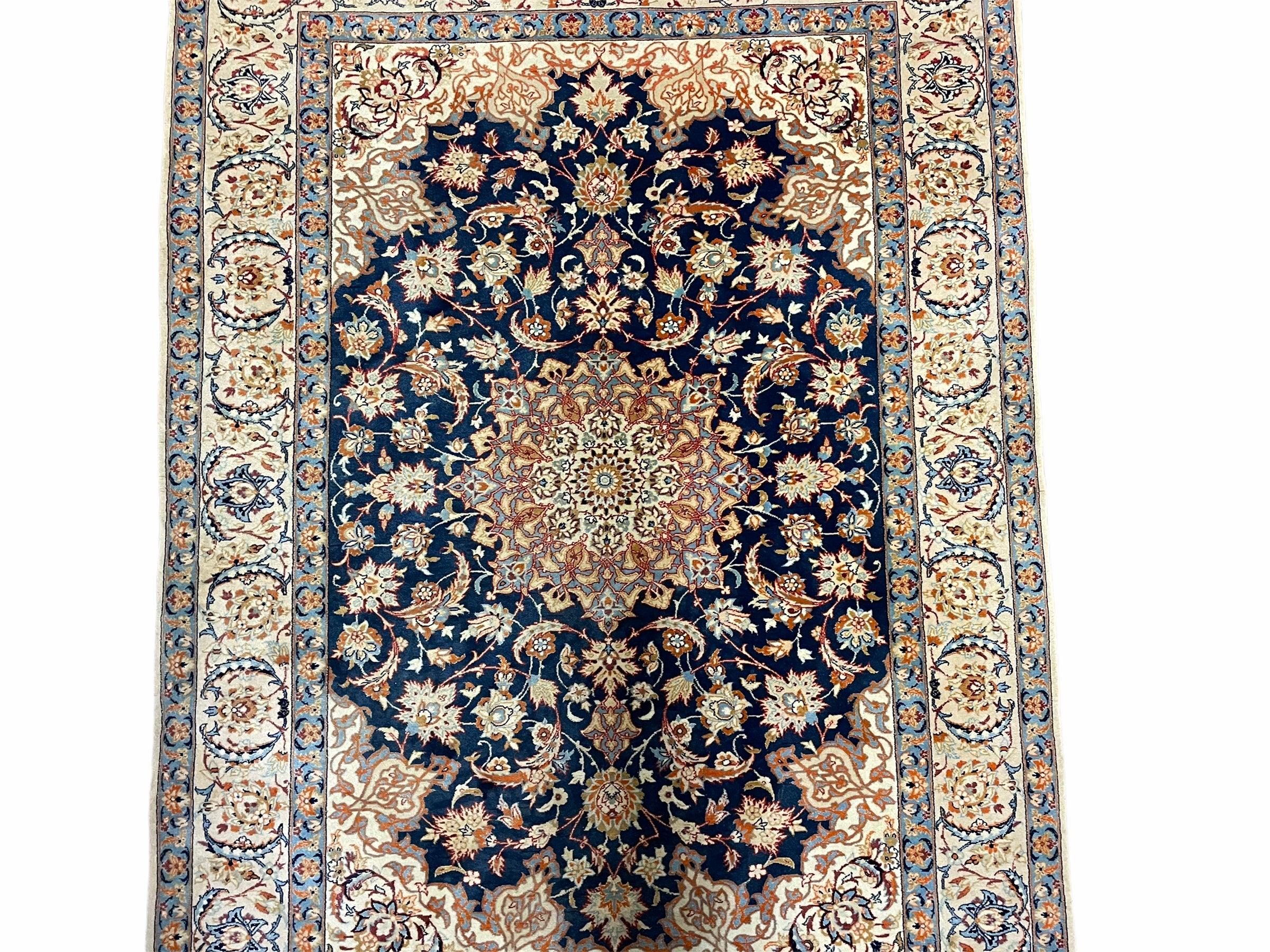 4x5 Ultra Fine Rug Handmade Rug Medallion Rug Floral Rug Beige Dark Blue Rug - Jewel Rugs