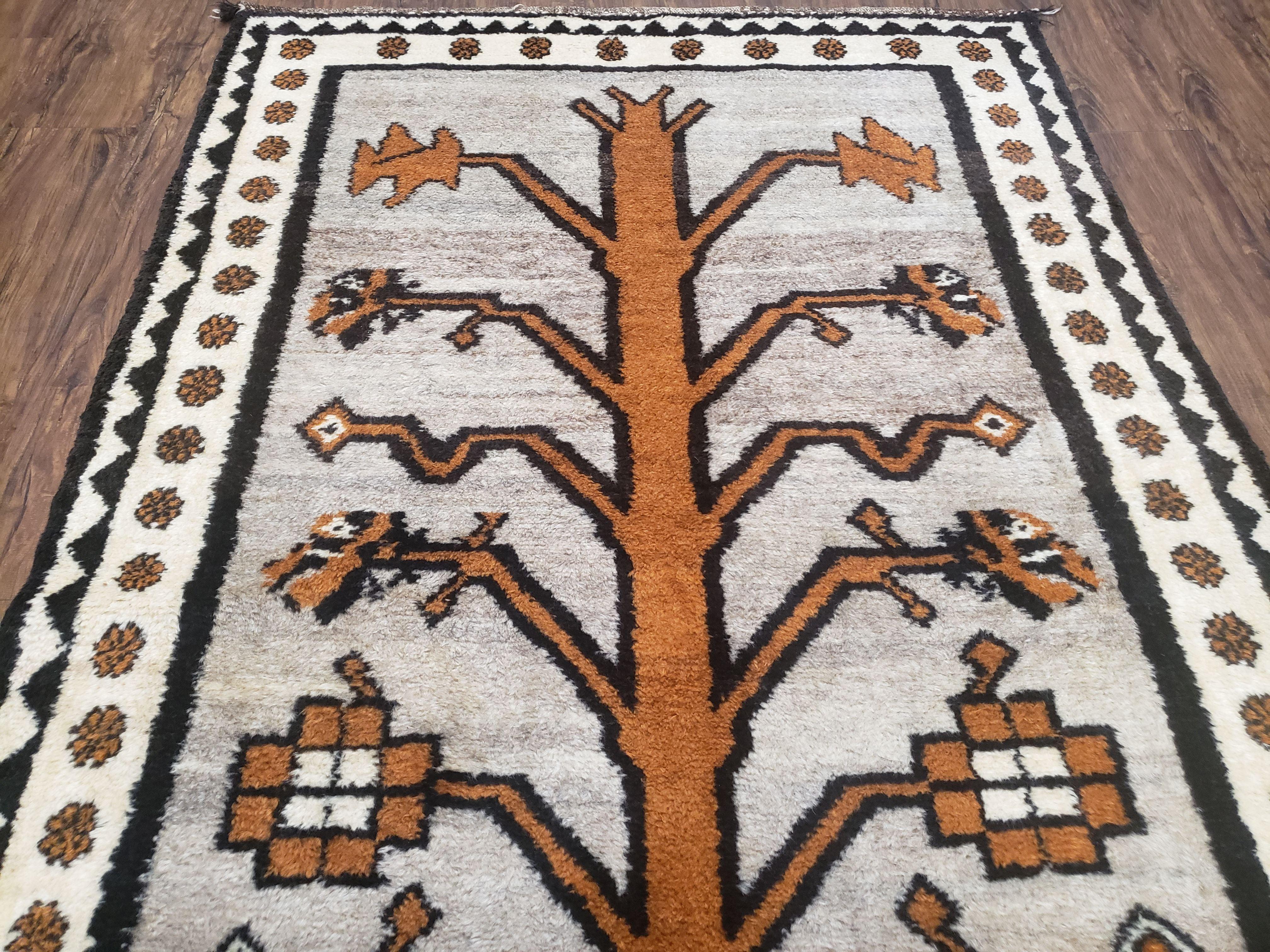 Unique Vintage Gabbeh Tree of Life Rug, Gray, Hand-Knotted, 4'3" x 7' 4" - Jewel Rugs