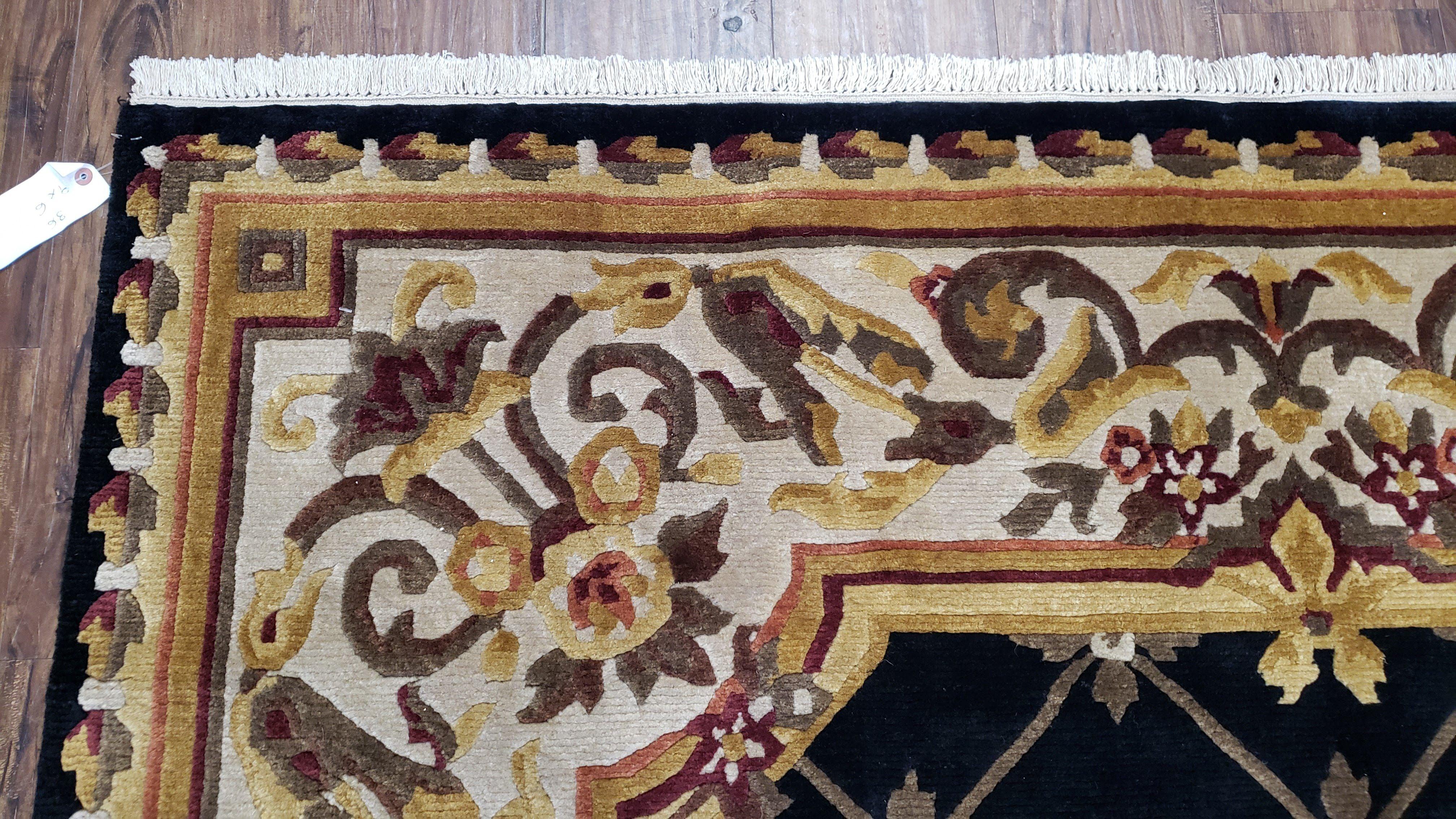 Nepal Rug 6x9, Nepalese Aubusson Area Rug 6 x 9, Hand-Knotted Wool Soft Pile Black & Beige Tibetan Aubusson New Carpet European Savonnerie - Jewel Rugs