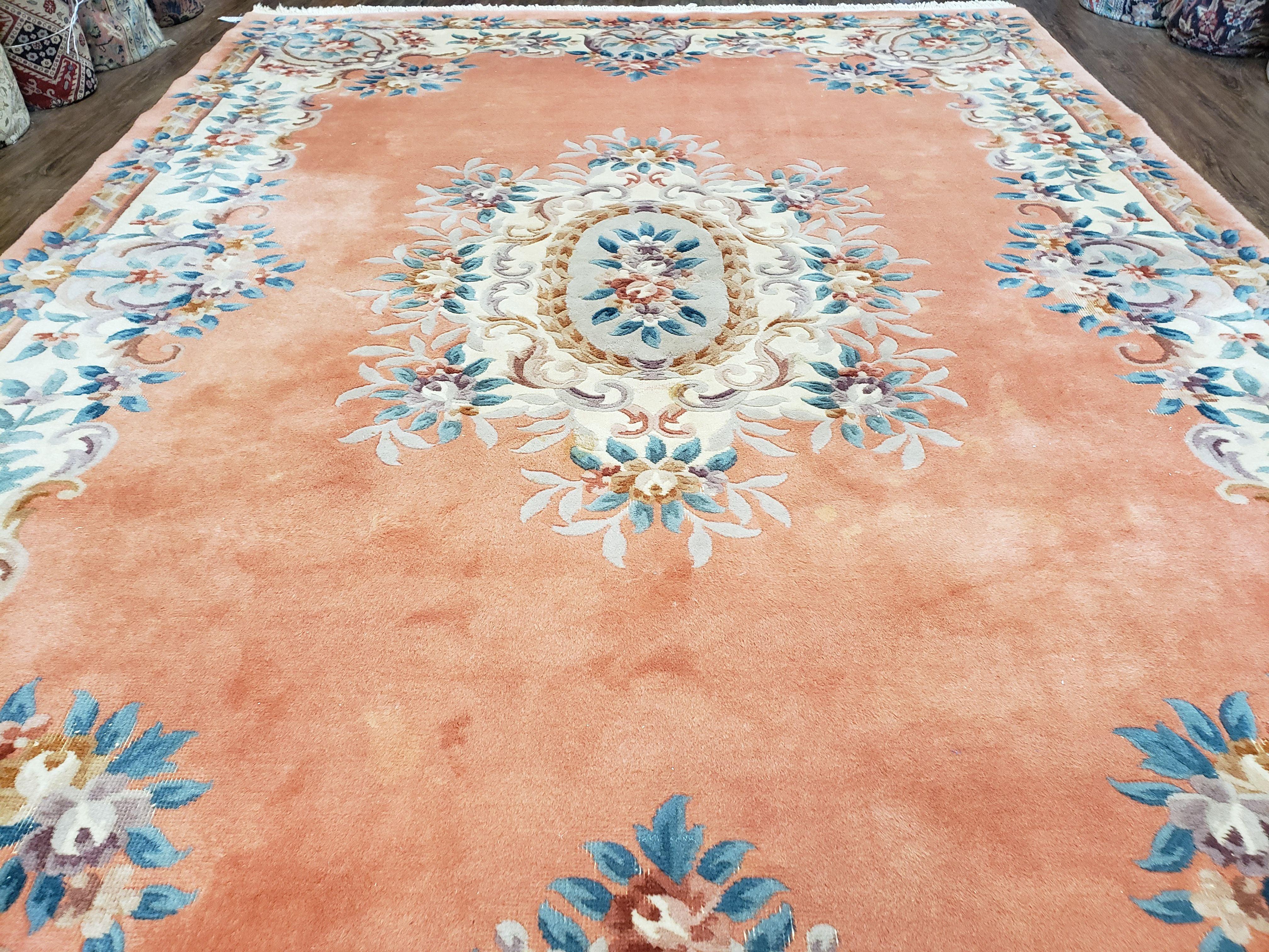 Vintage Chinese Aubusson Area Rug, Light Salmon Beige & Blue, Flowers, Plush Pile, Hand-Knotted, Chinese Art Deco Carpet, 8'3" x 11' 4" - Jewel Rugs