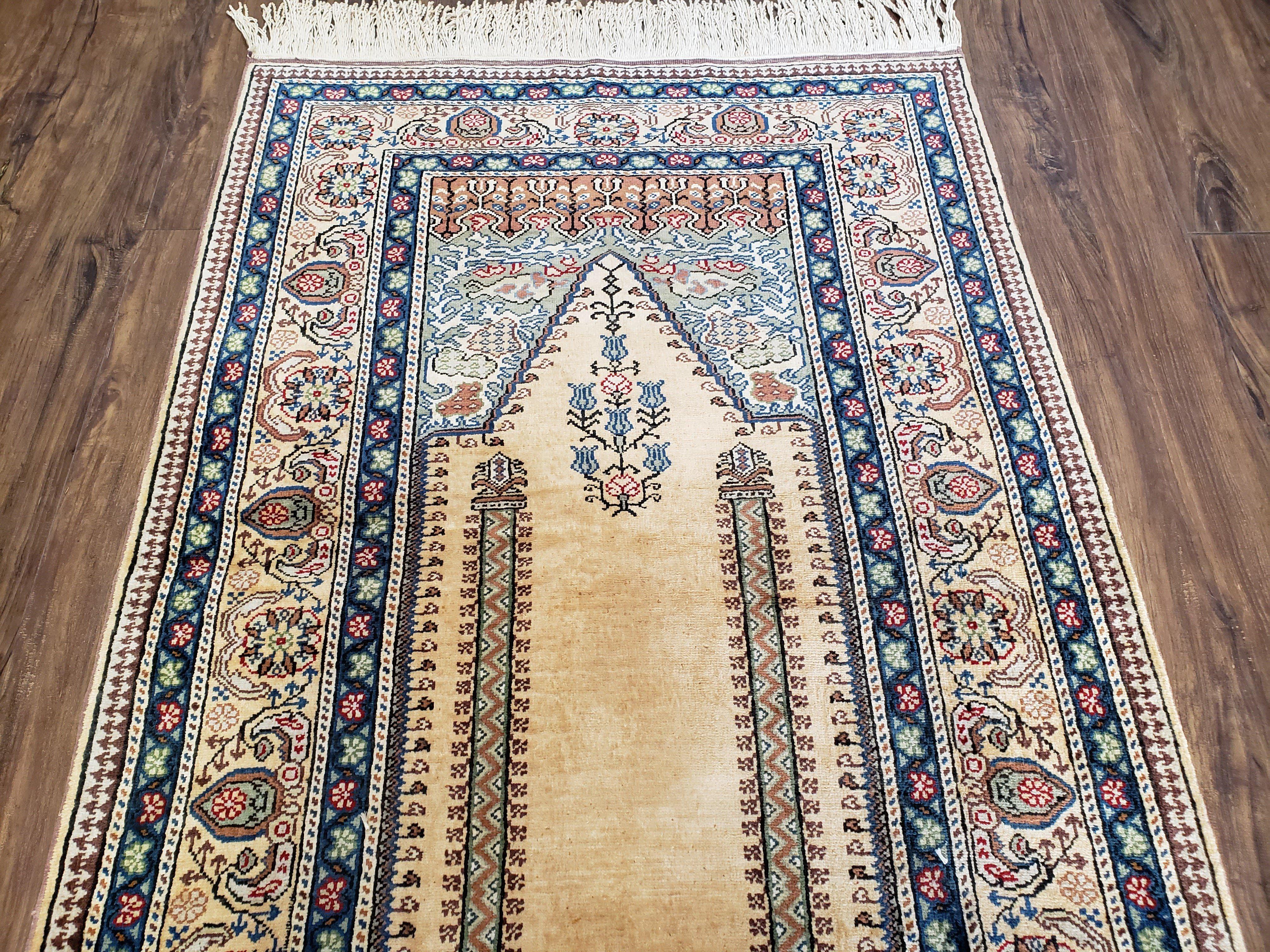 Vintage Silk Turkish Prayer Rug 3x4 - 3x5, Silk on Cotton Hand-Knotted Handmade, Light Yellow & Blue Traditional Small Prayer Carpet - Jewel Rugs