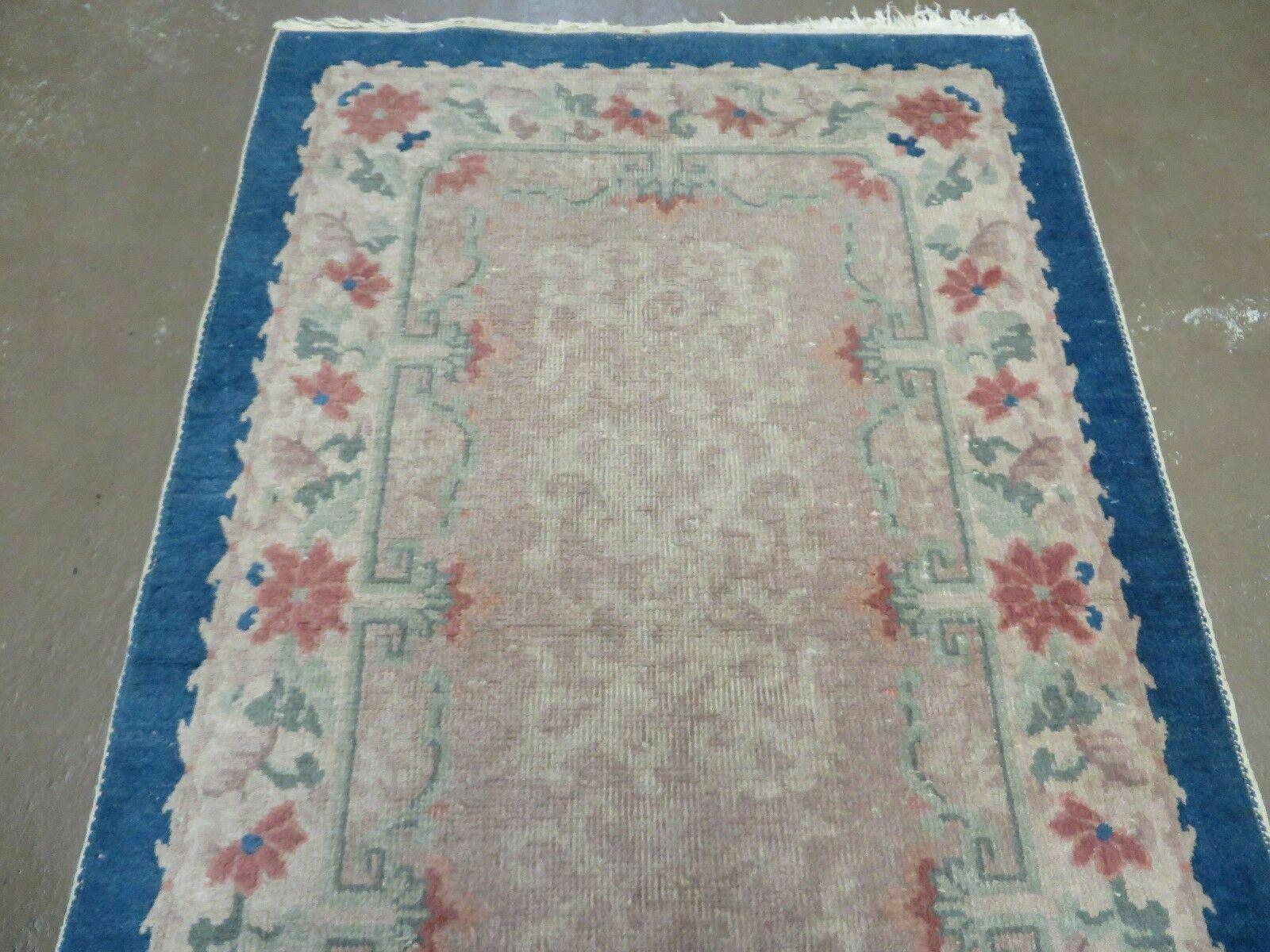 2.5' X 4' Vintage Handmade Chinese Art Deco Nichols Fette Wool Accent Rug Gray and Blue - Jewel Rugs