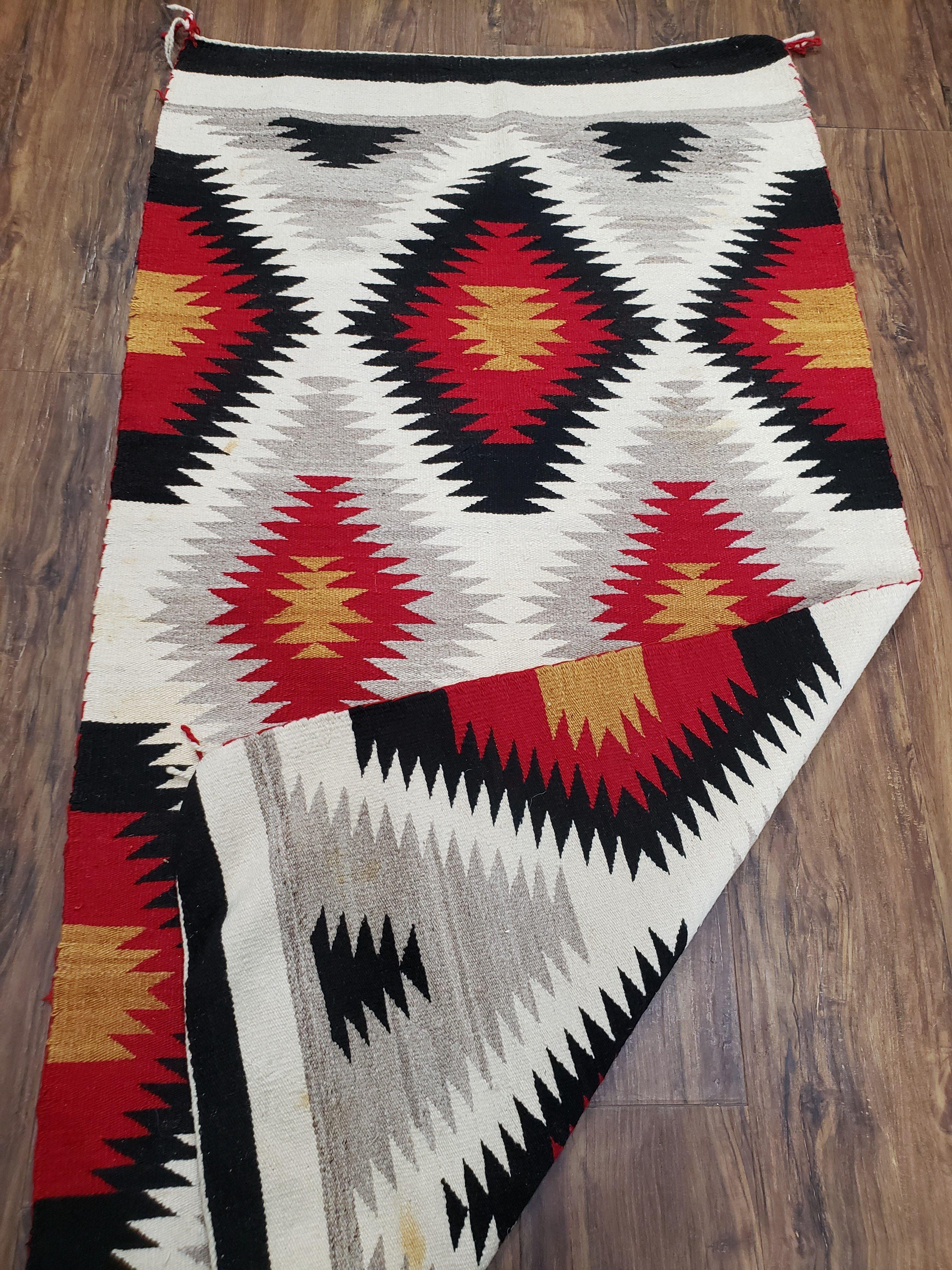 Vintage Navajo Rug 3x5, Wool Hand-Woven Navajo Blanket, Diamonds, Red Gray Black, Native American Antiques, Navaho Indians, Unique, Handmade - Jewel Rugs