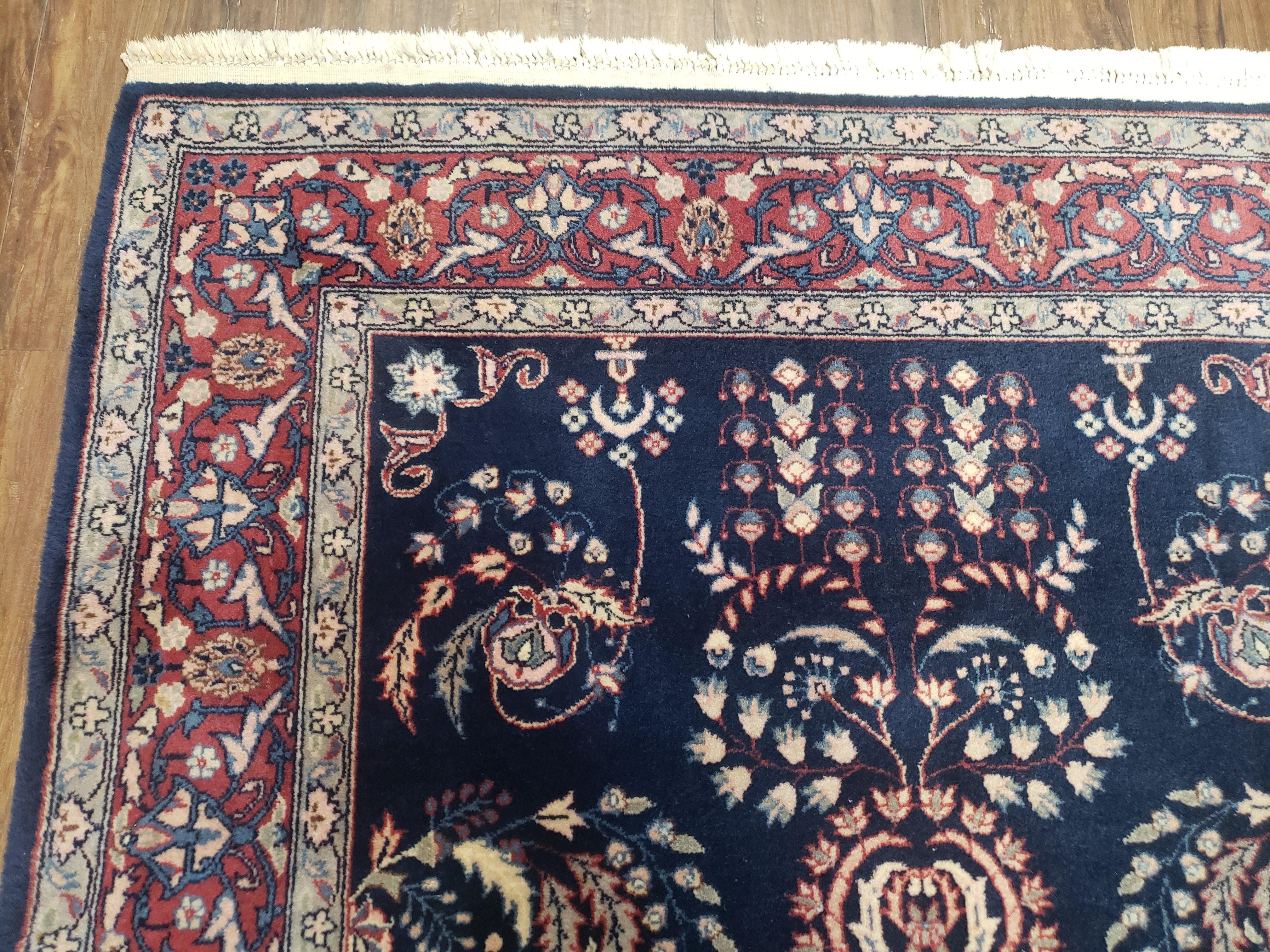 Dark Blue Indo Persian Rug, Medium Size Hand Knotted Oriental Carpet, Traditional Floral Indian Rug, Blue and Red Rug, Entryway Rug Wool Rug - Jewel Rugs