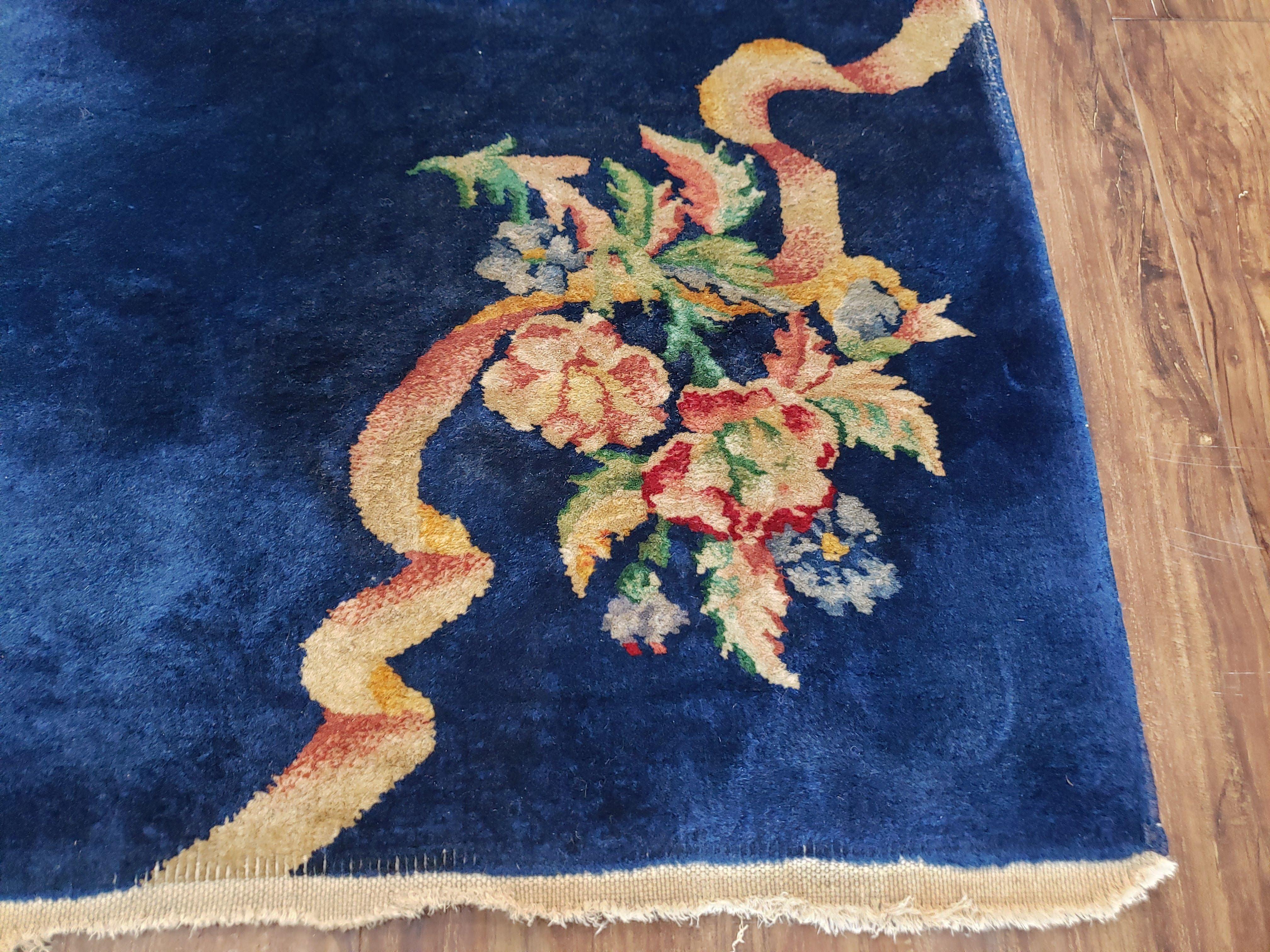 Antique Chinese Art Deco Accent Rug, Blue Art Deco Carpet, Small Chinese Rug, Flowers, Hand Knotted, Pair B, 2x4 Rug, Wool Rug Vintage Asian - Jewel Rugs