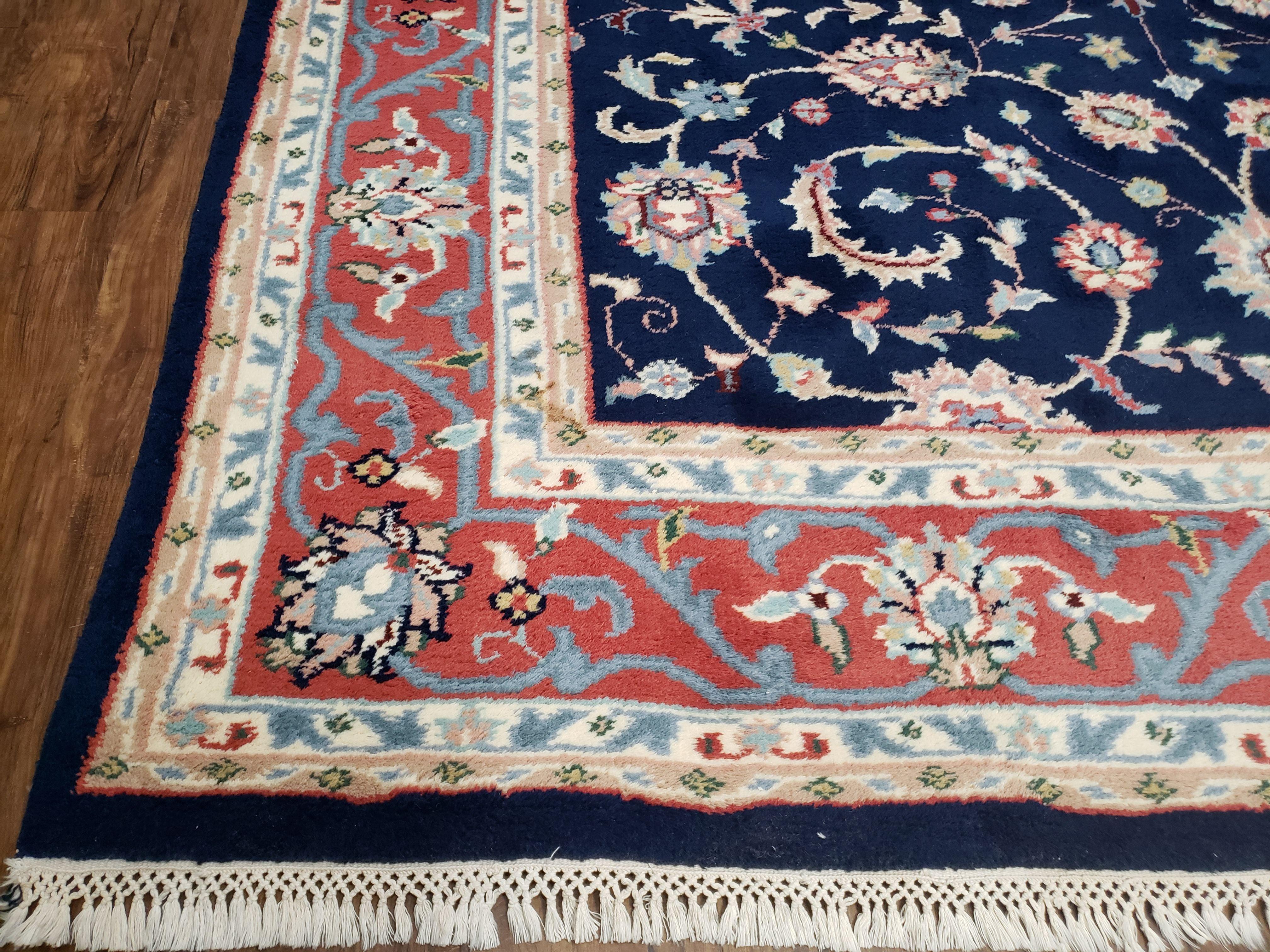 Vintage Indian Rug, Allover Floral Oriental Rug, Hand-Knotted, Wool, Dark Blue & Red, Indo Persian Rug, Allover Pattern, 8x11 Rug - Jewel Rugs