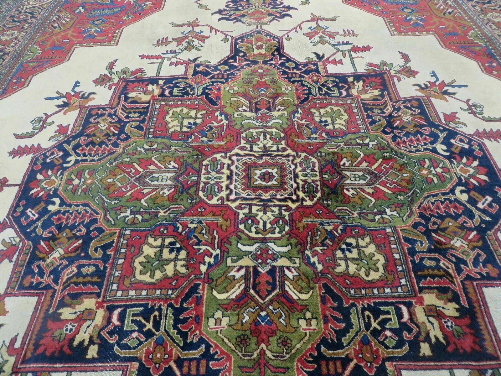 10' X 13' Antique Handmade Turkish Wool Rug with Persian Heriz Serapi Bakshaish Pattern - Beige, Red, and Blue Colors - Jewel Rugs