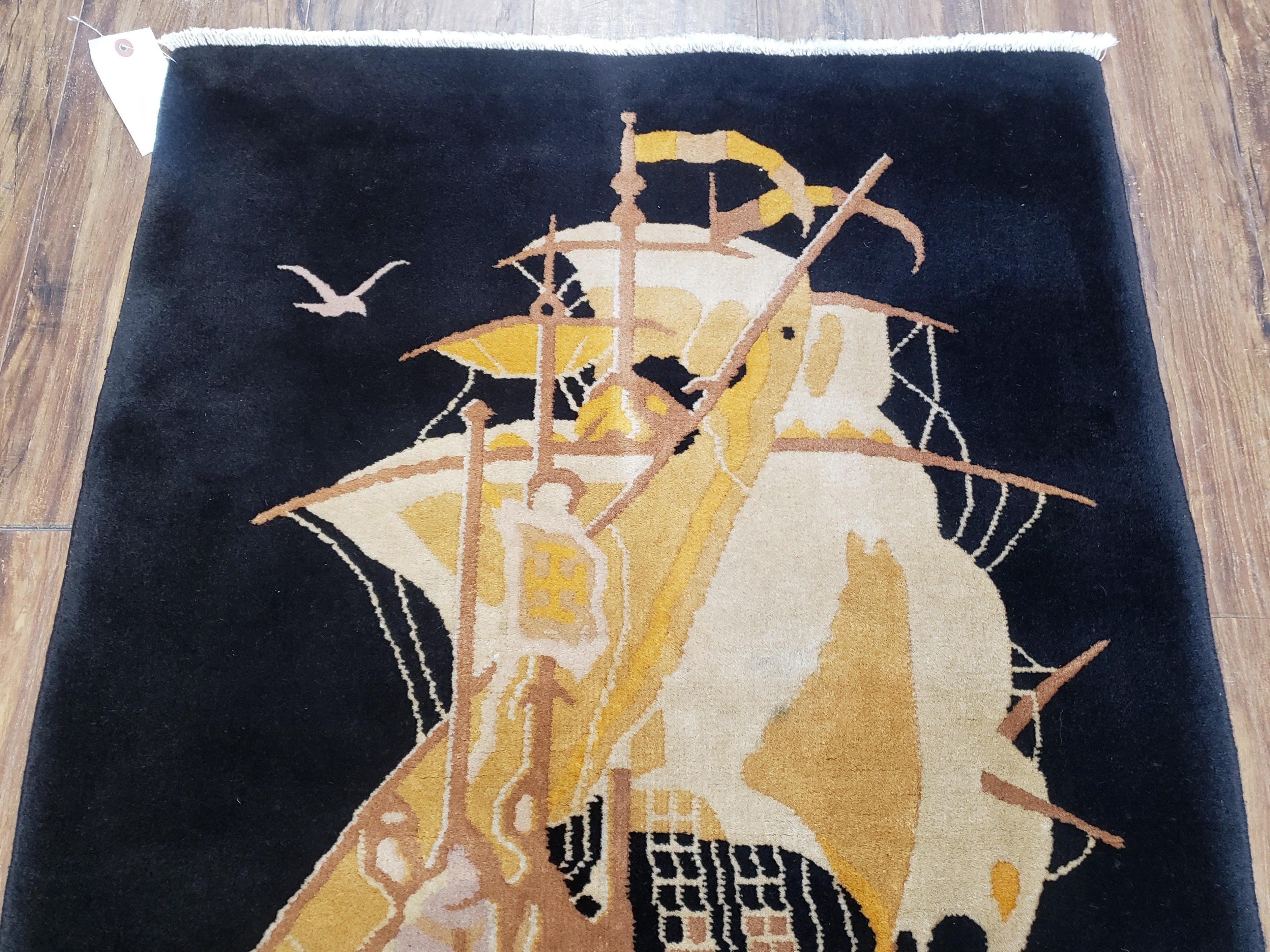 Small Chinese Rug 2'6" x 4' 4", Black Chinese Rug, Boat Ship at Sea with Seagulls, Chinese Art Deco Rug, Vintage 1960s Hand-Knotted Handmade - Jewel Rugs