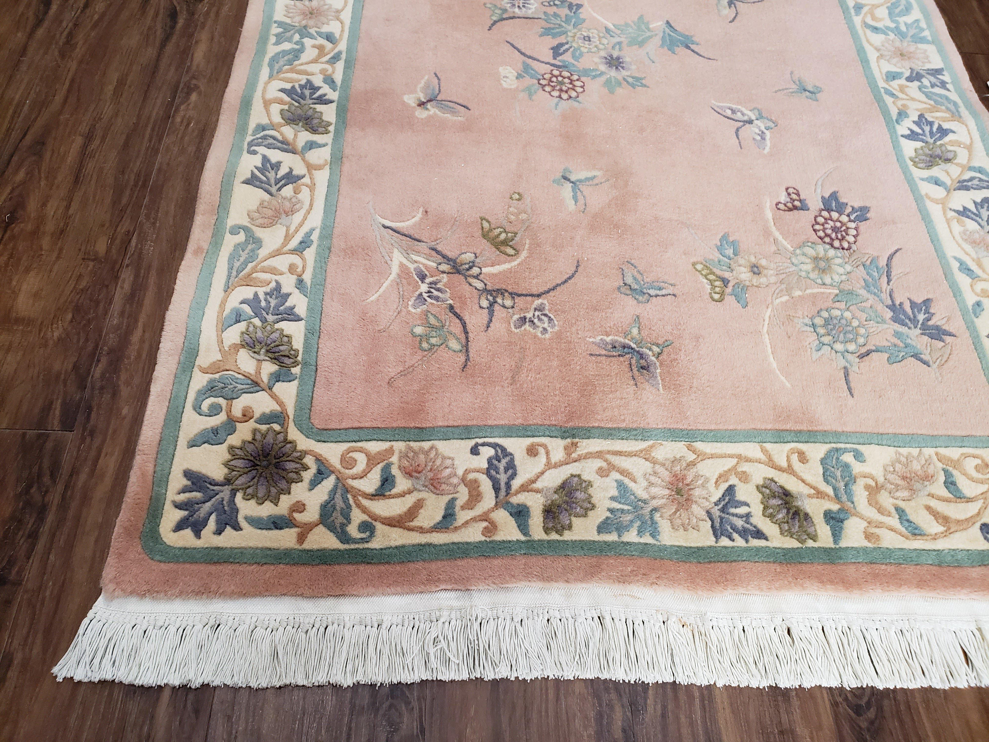 Chinese Carving Rug 3'9" x 5' 9", Vintage Handmade Art Deco Rug 90 Line Carpet, 4x6, Pink Cream Teal, Flowers Butterflies, Pretty, Soft Pile - Jewel Rugs