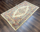 Persian Kirman Rug 4x7, Semi Antique 1950s Wool Oriental Carpet, Cream Light Blue Salmon Pink, Floral Medallion Semi Open Field Hand Knotted - Jewel Rugs