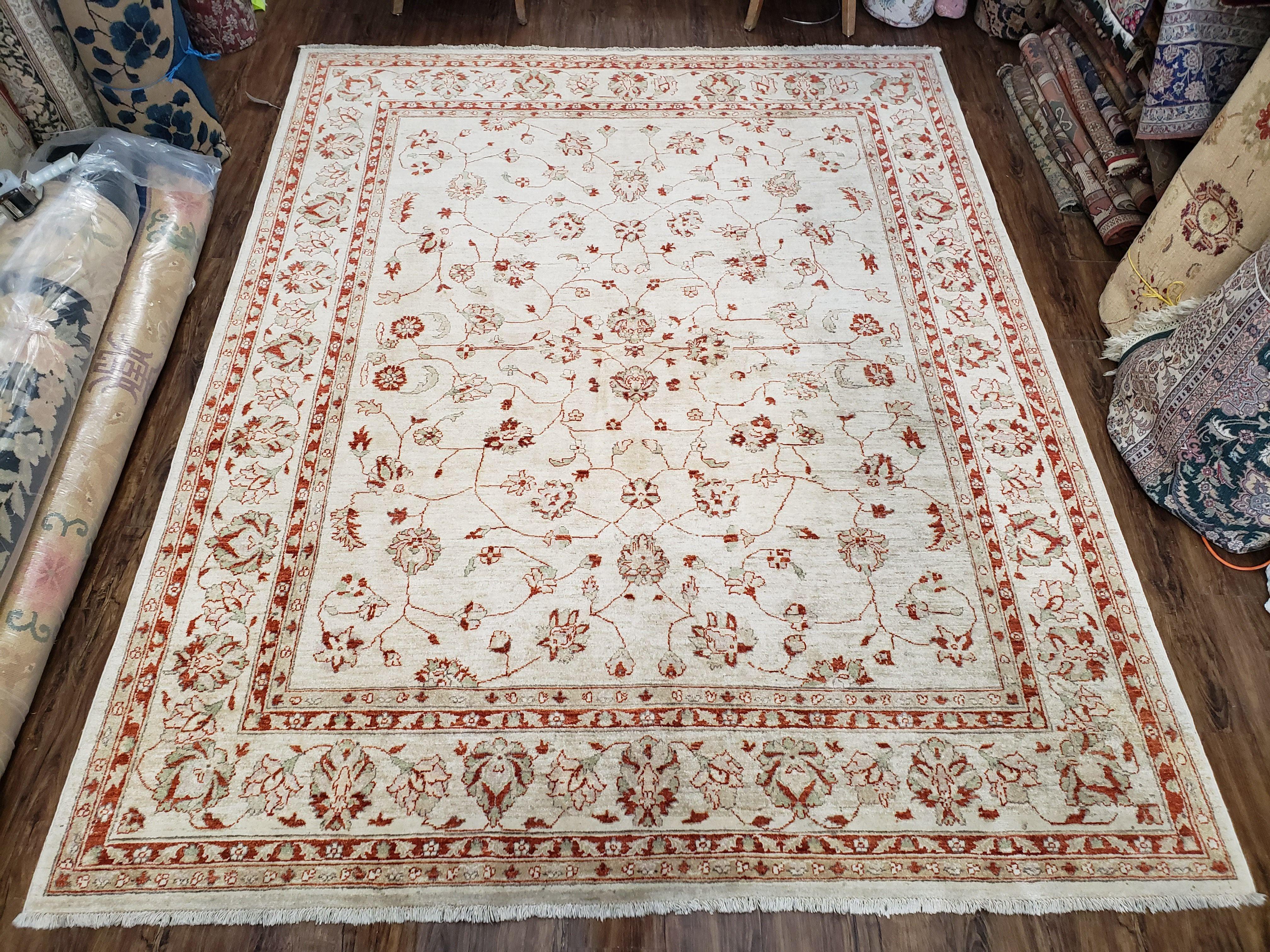 8x10 Beige Oushak Rug, 8 x 10 Peshawar Rug, 8 by 10 Handmade Rug, 8'x10' Vintage Rug, Handmade Wool Rug, Floral Rug Beige Dining Room Rug - Jewel Rugs