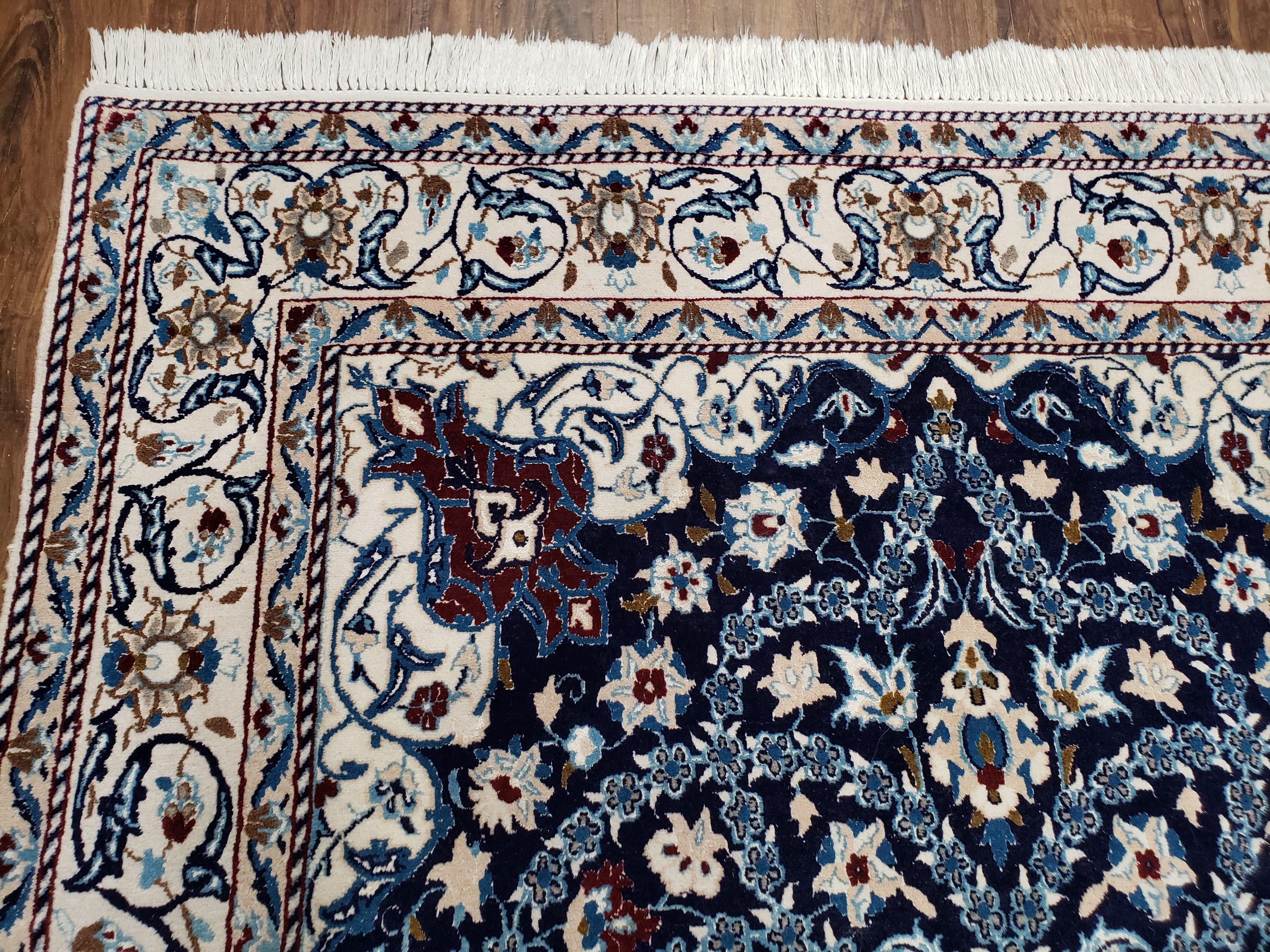 Persian Nain Rug, Lachak Toranj Design, Wool with Silk Highlights, Floral Medallion, Hand-Knotted, Blue & Ivory, 5' x 8' 4" - Jewel Rugs