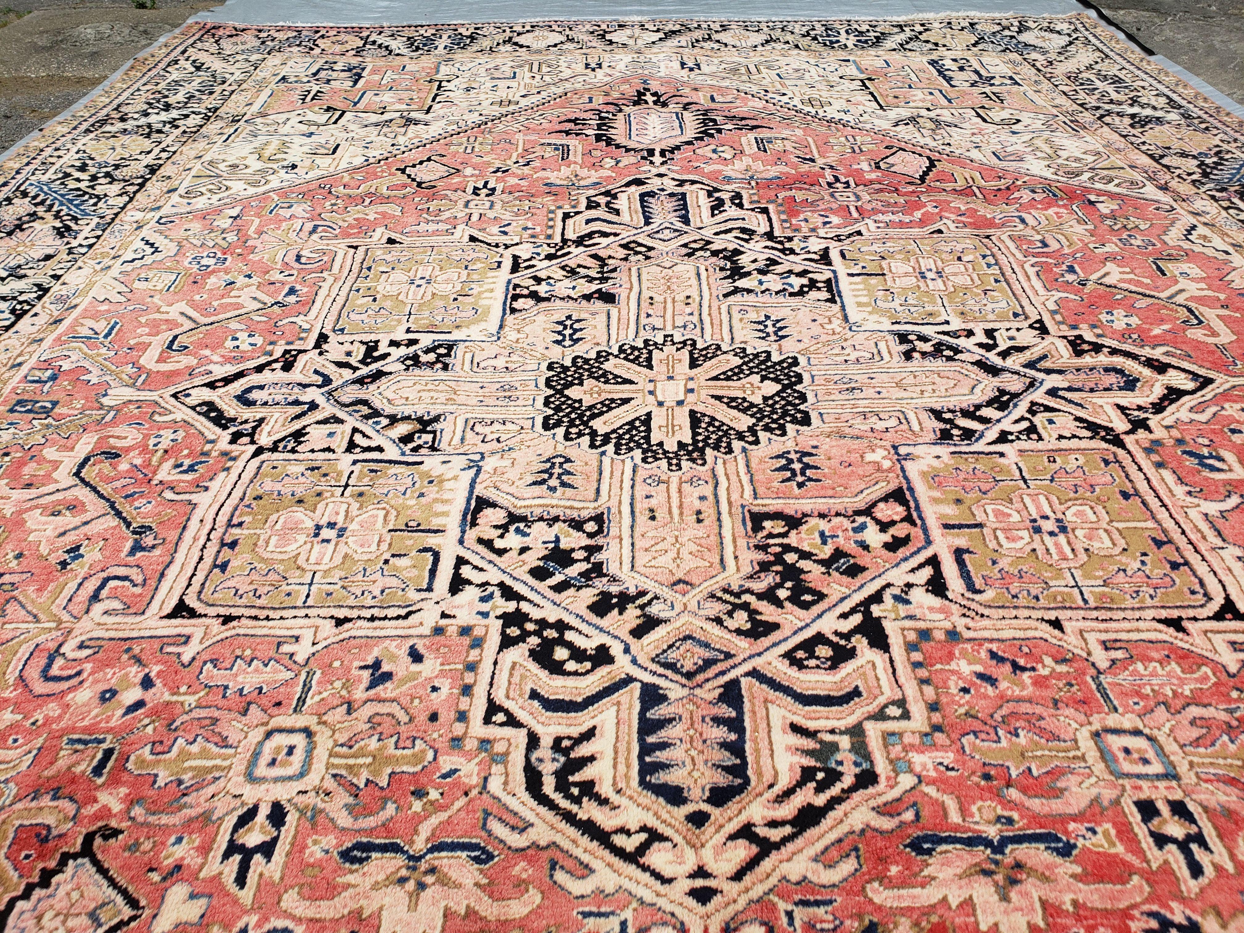 Large Antique Persian Heriz Serapi Rug, Hand-Knotted, Wool, Salmon Red, 9'7" x 13' 3" - Jewel Rugs