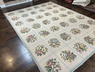 Needlepoint Rug 9x12, Panel Design, Cream and Light Blue, Floral Bouquets, Wool Flatweave Vintage Needlepoint Carpet 9 x 12 ft, Elegant Rug - Jewel Rugs