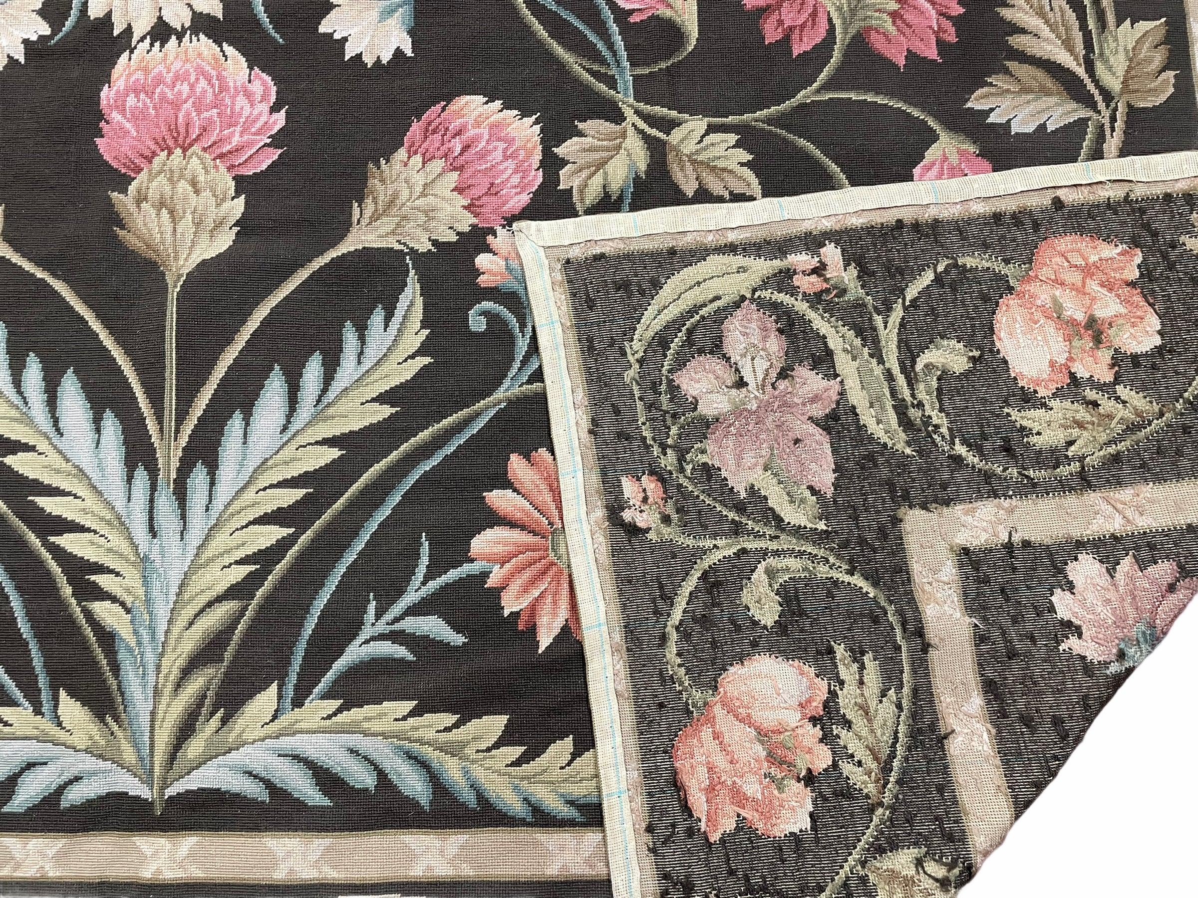 Black Aubusson Needlepoint Rug 9x12, Flatweave Carpet Floral Pattern, Flowers, European Design, Handmade Hand-Knotted Hand-Woven, Brand New - Jewel Rugs