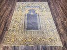 Rare Turkish Ghiordes Prayer Rug 4 x 5.8 ft, Late 19th Century Turkish Oriental Carpet, Mehrab Antique Prayer Rug, Museum Quality, Blue, Tan - Jewel Rugs