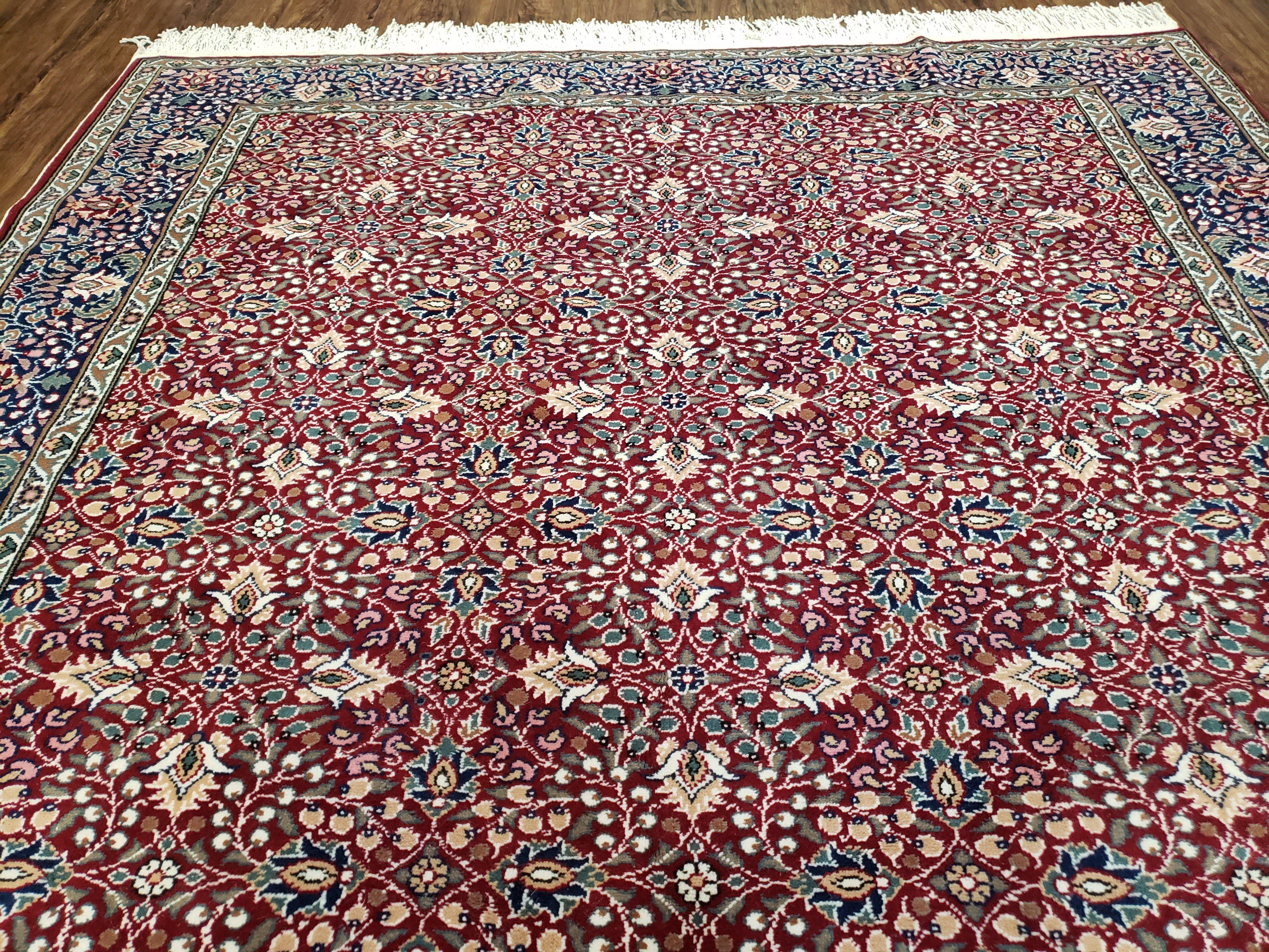 Vintage Turkish Sivas Area Rug 6.5 x 9.5, Wool Hand-Knotted Red & Midnight Blue Allover Floral Pattern Oriental Carpet, 6x9 Traditional Rug - Jewel Rugs