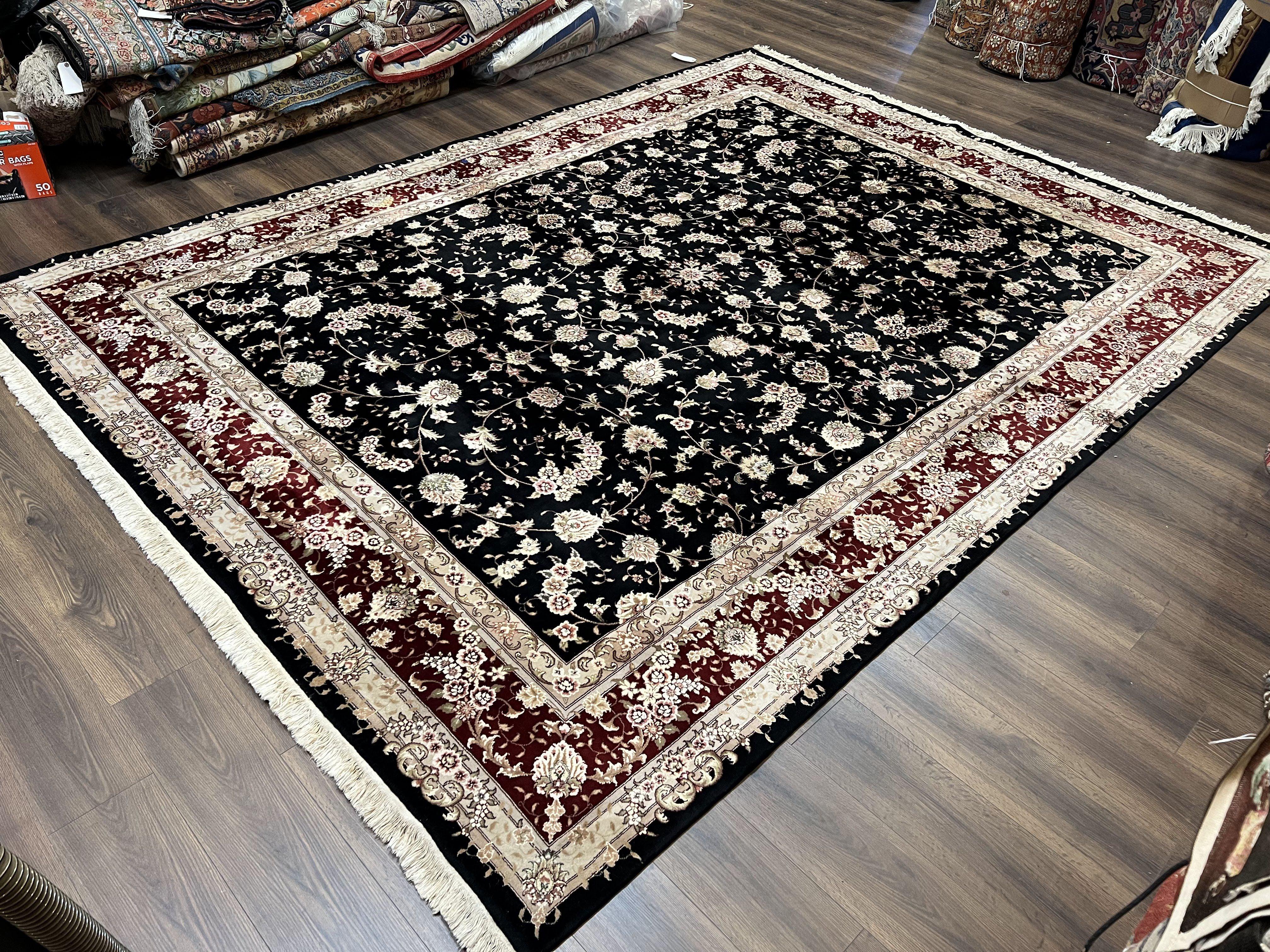 Sino Persian Rug 9x12, High Quality Oriental Carpet, Black and Maroon, Wool and Silk, Allover Floral Pattern, Hand Knotted, Vintage Rug Nice - Jewel Rugs