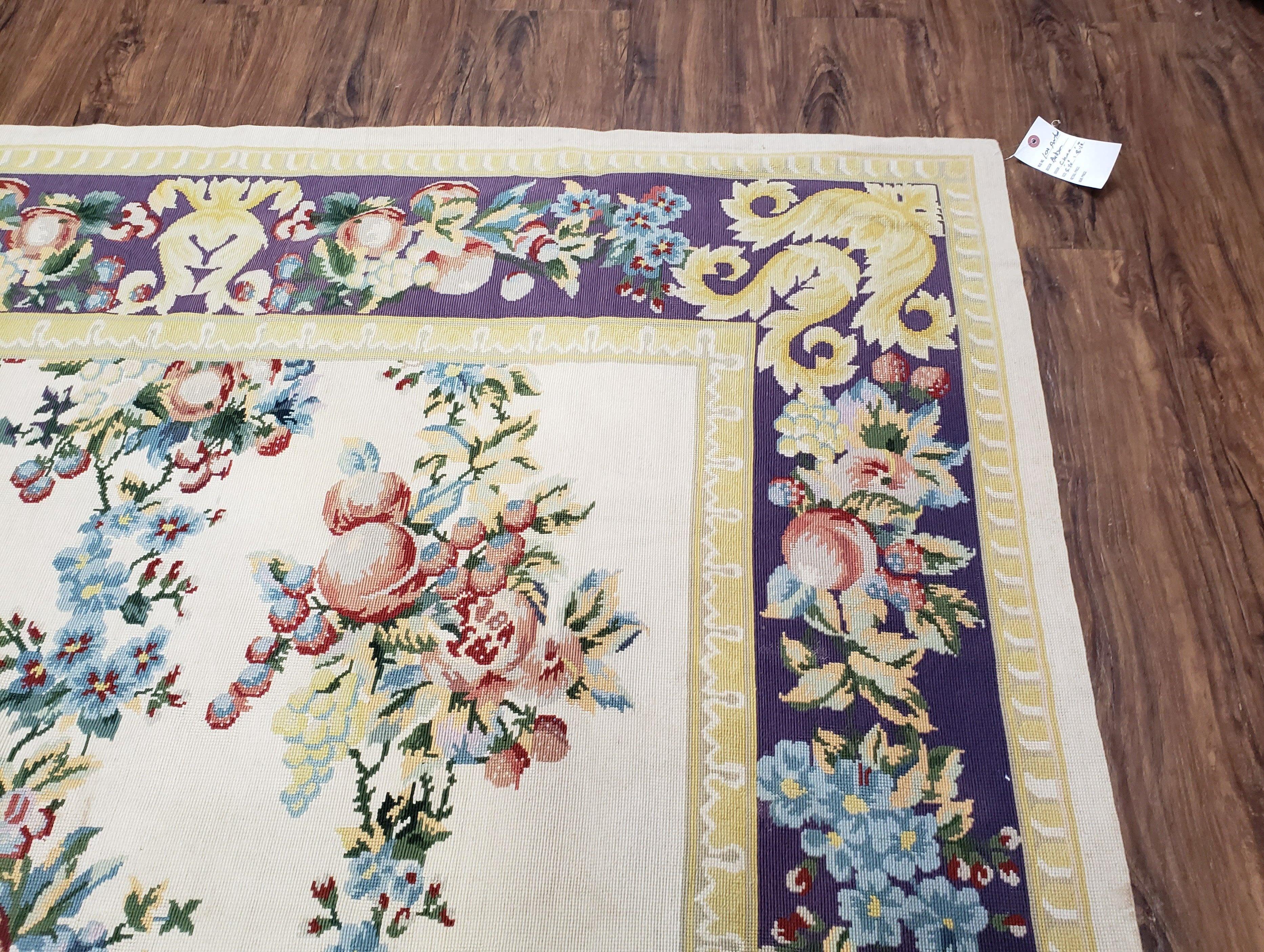 Vintage Chinese Floral Needlepoint Area Rug 6x9, Wool Hand-Woven Handmade Flatweave Rug, Ivory & Purple, Fruits Grapes Apples, Dining Room - Jewel Rugs