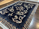 Rare Chinese Peking Rug 8x11, Chinese Dragon Carpet with Rainbow Border, Navy Blue and Beige, Handmade Hand Knotted, Semi Antique, Wool Rug - Jewel Rugs