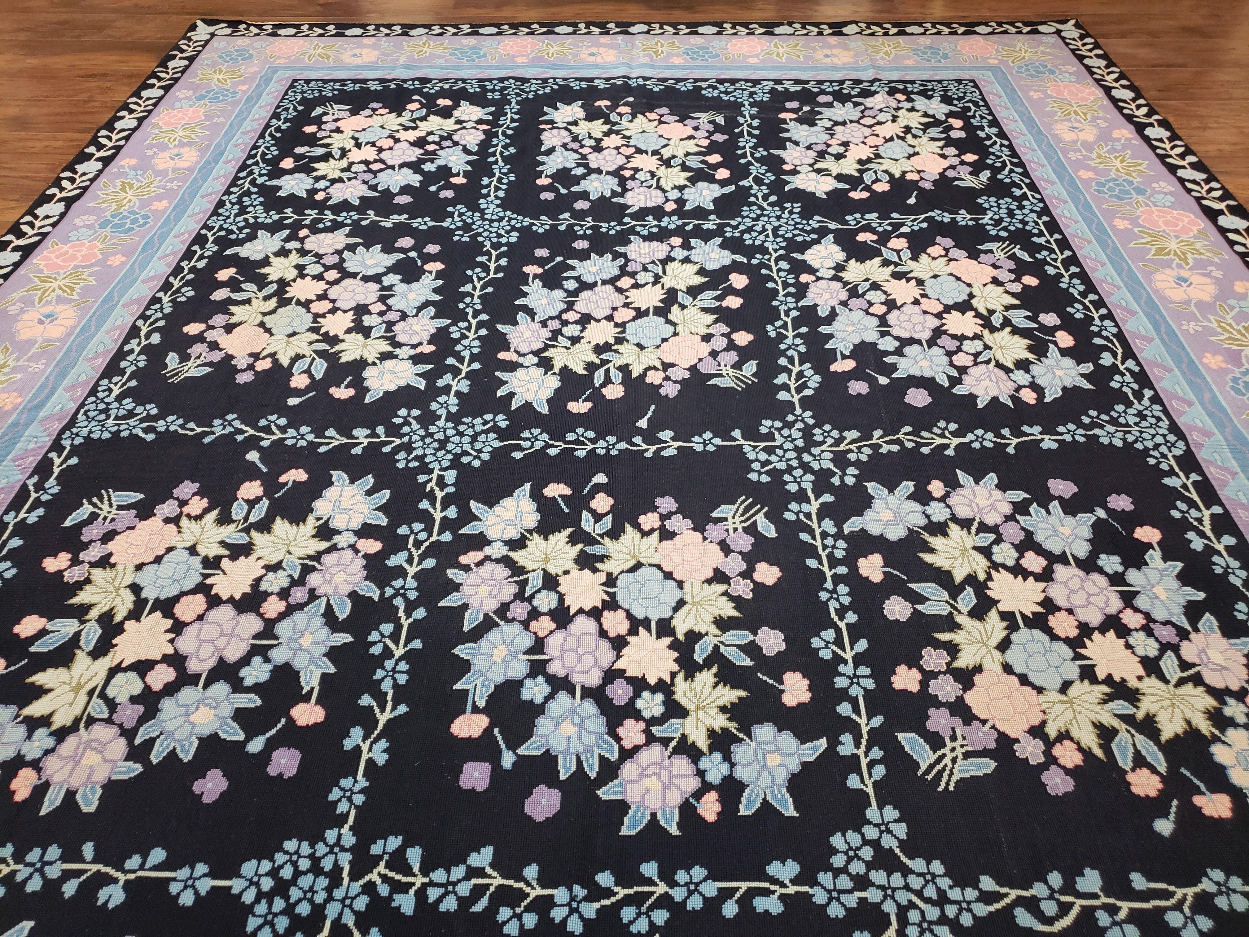 Chinese Needlepoint Rug 8 x 11.4, Hand-Woven Area Carpet, Flatweave Rug, Black Blue Light Violet Floral Garden European Design Wool Aubusson - Jewel Rugs