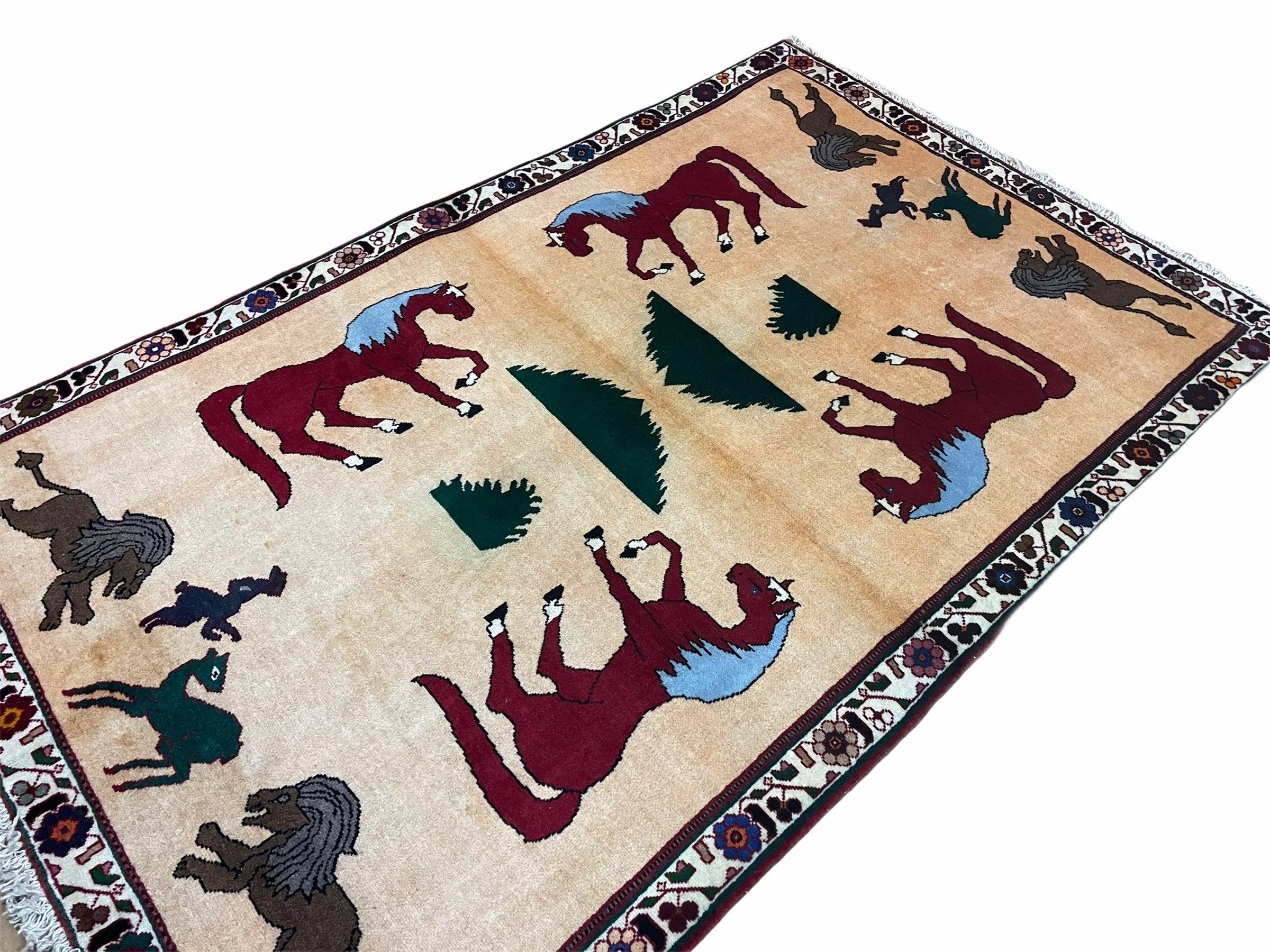 4x6 Rug Handmade Zagros Quality Wool Horses Tribal Hand-Knotted Rug Veggie Dye - Jewel Rugs