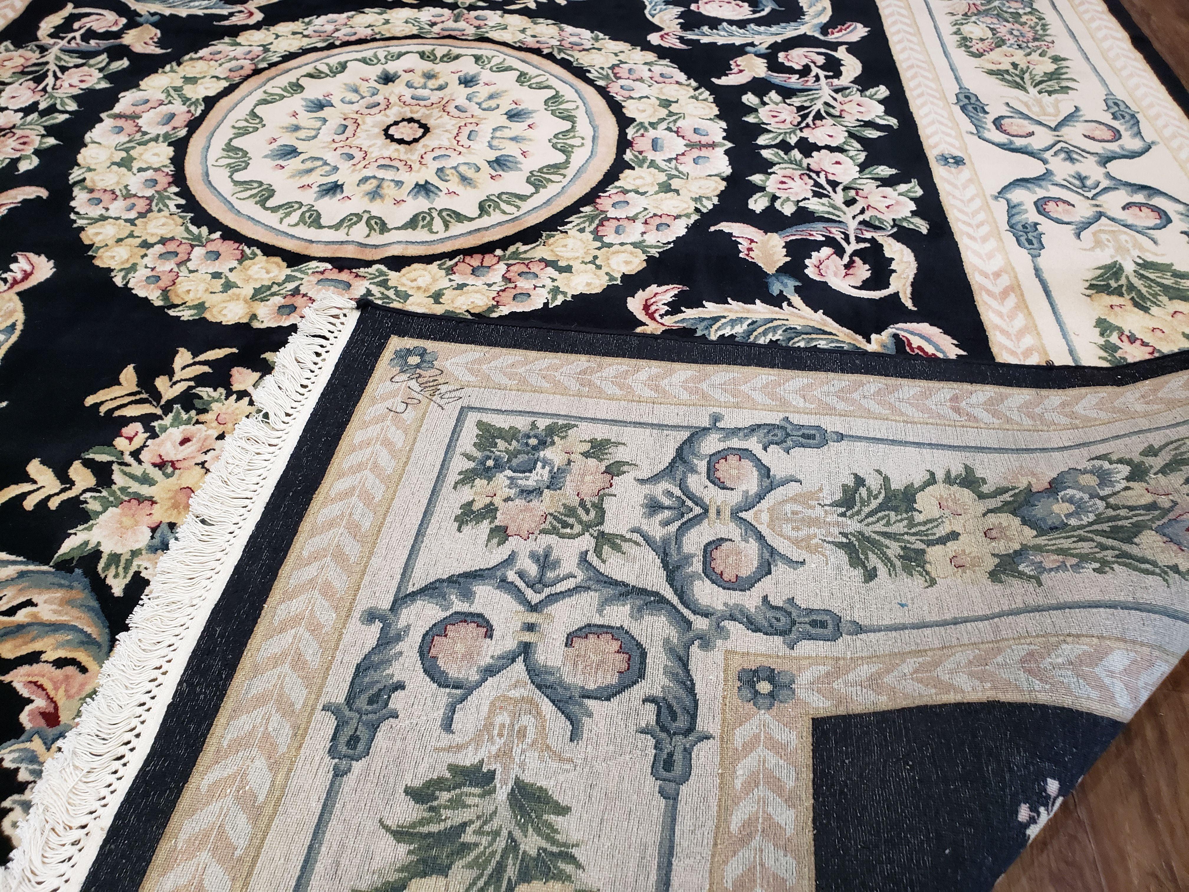 Vintage Chinese Aubusson Savonnerie Wool Area Rug, Hand-Knotted, Black & Beige, Elegant 9x12 Living Room Carpet 8.11 x 12.7 European Design - Jewel Rugs